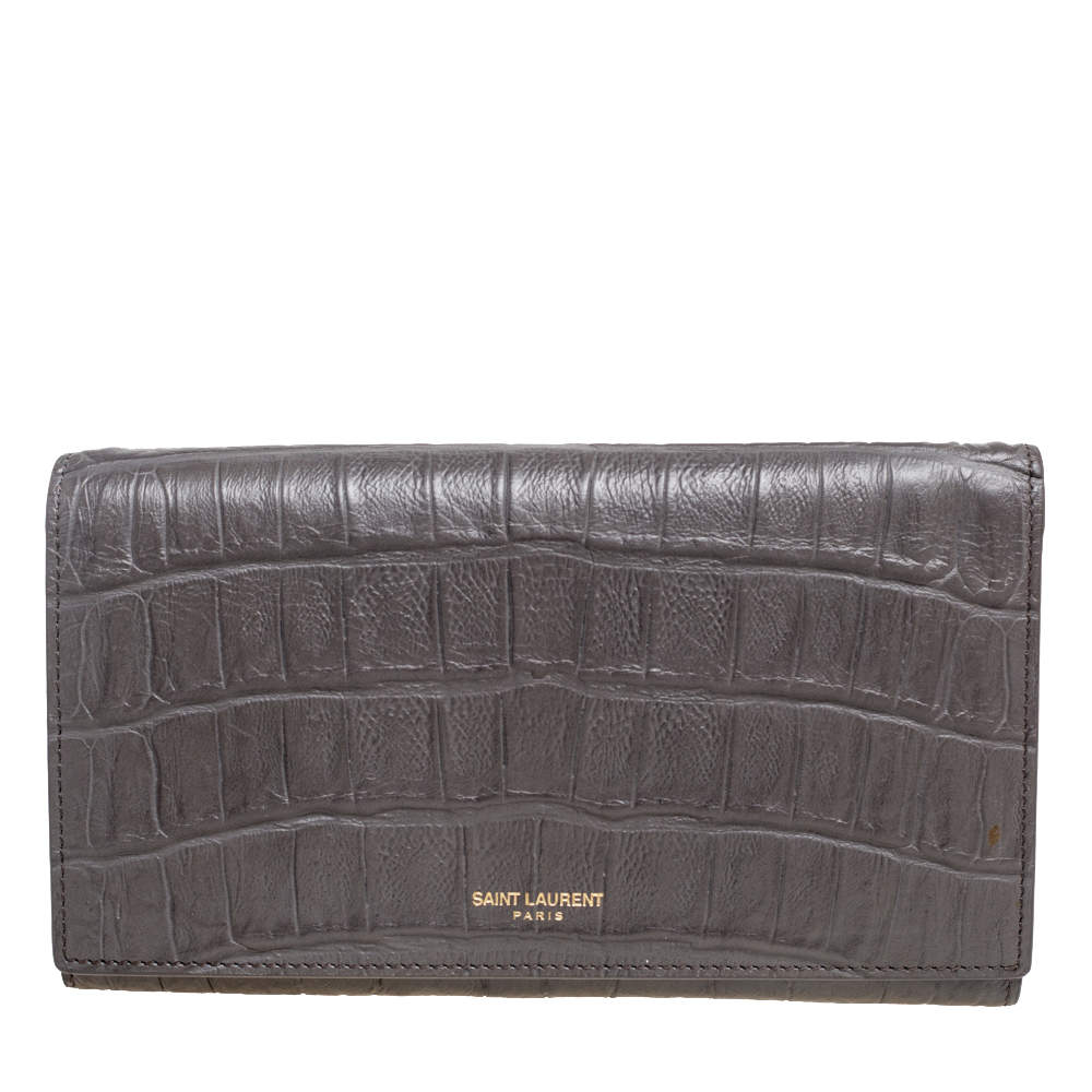 Pre Owned Saint Laurent Grey Croc Embossed Leather Flap Wallet