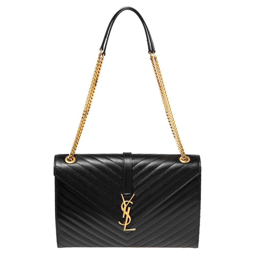 مملوكة مسبقًا Saint Laurent Black Matelassé Leather Monogram Envelope Shoulder Bag