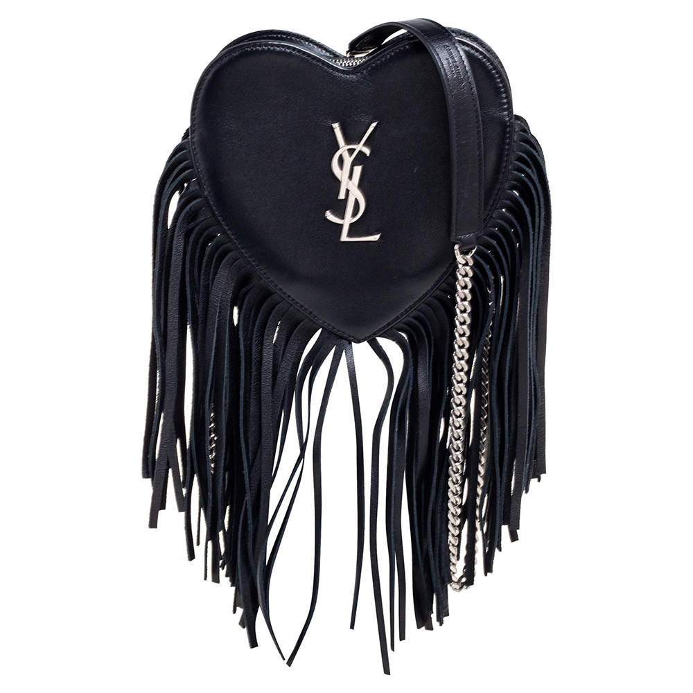 Pre Owned Saint Laurent Black Leather Monogram Heart Fringe Shoulder Bag
