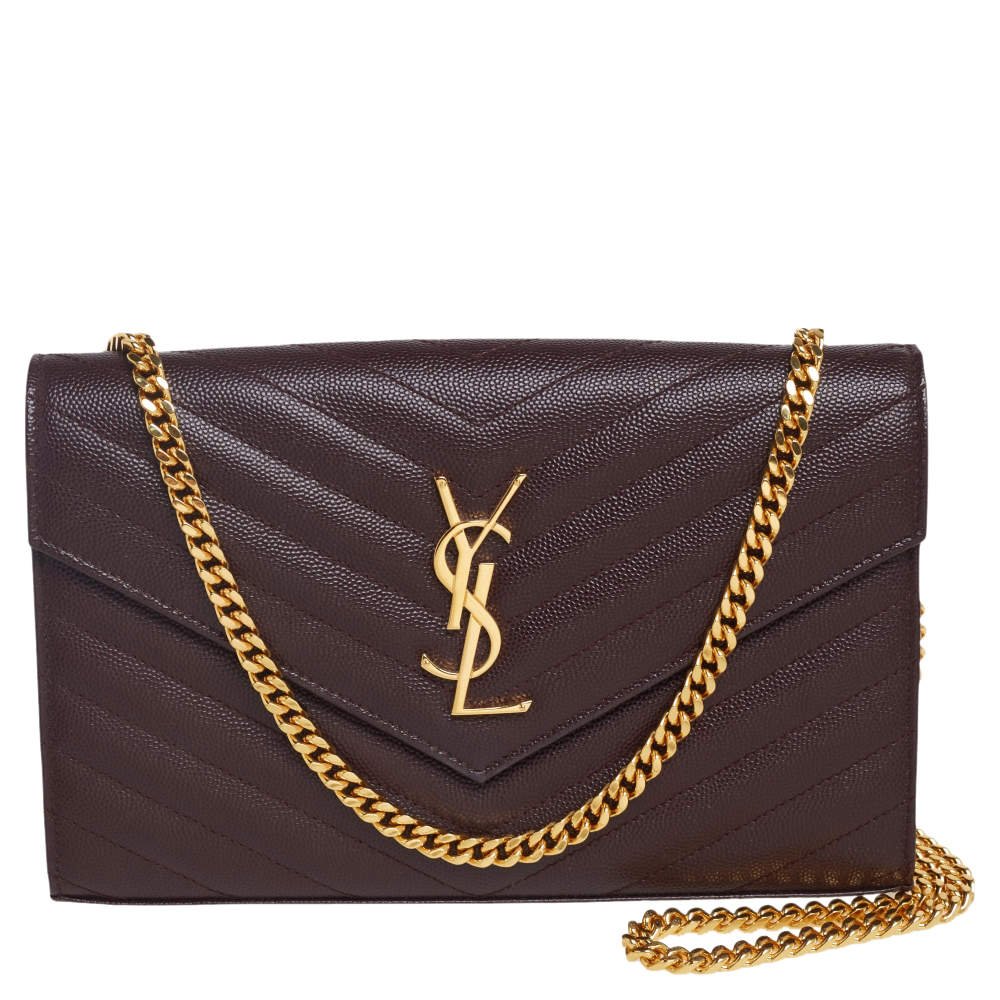 مملوكة مسبقًا Saint Laurent Burgundy Matelassé Leather Monogram Envelope Wallet on Chain