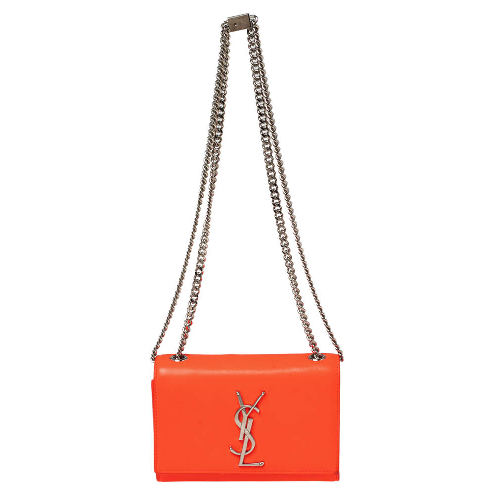 مملوكة مسبقًا Saint Laurent Neon Orange Leather Kate Monogram Wallet on Chain