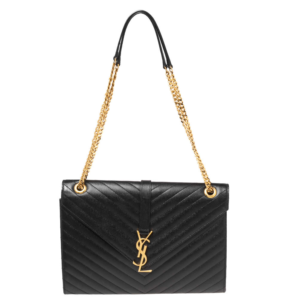 Pre Owned Saint Laurent Black Matelassé Leather Monogram Envelope Shoulder Bag