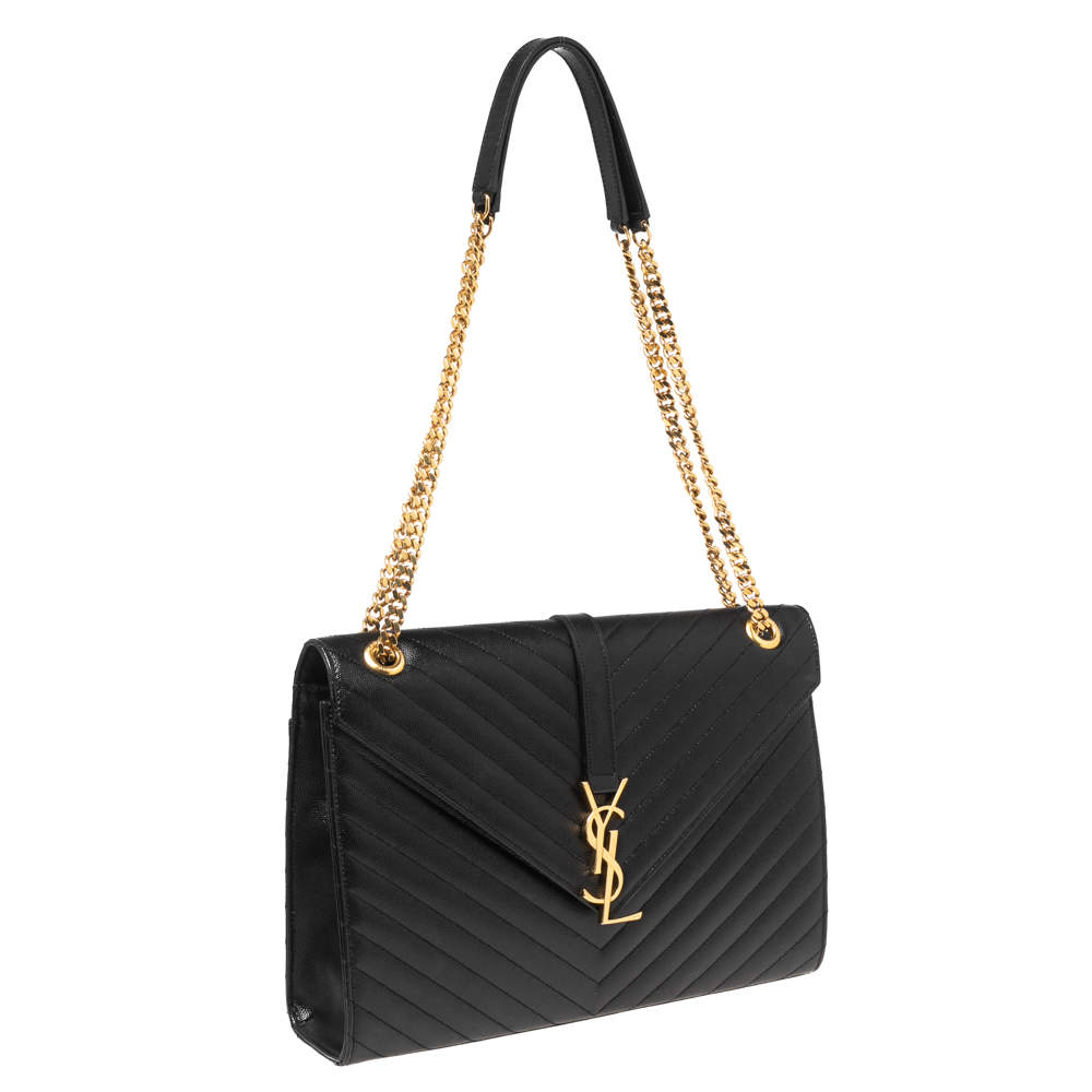 Pre Owned Saint Laurent Black Matelassé Leather Monogram Envelope Shoulder Bag