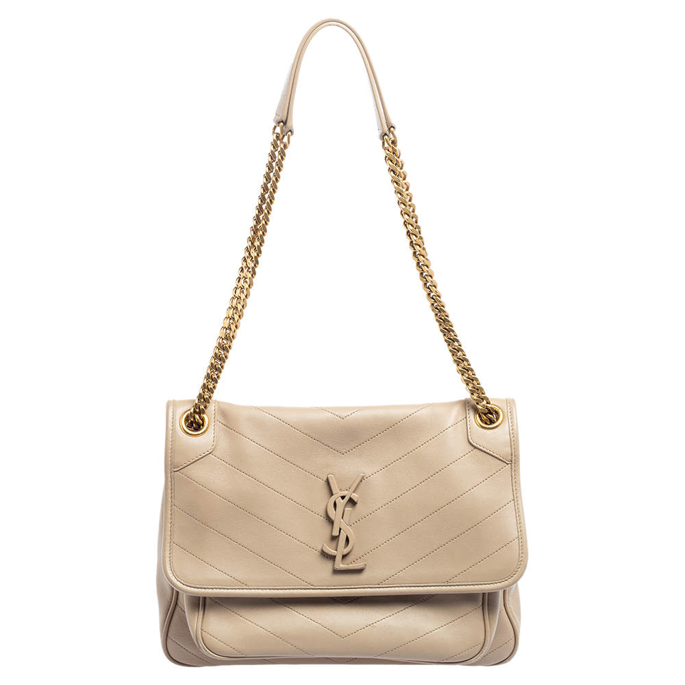 Pre Owned Saint Laurent Beige Matelassé Leather Niki Chain Bag 