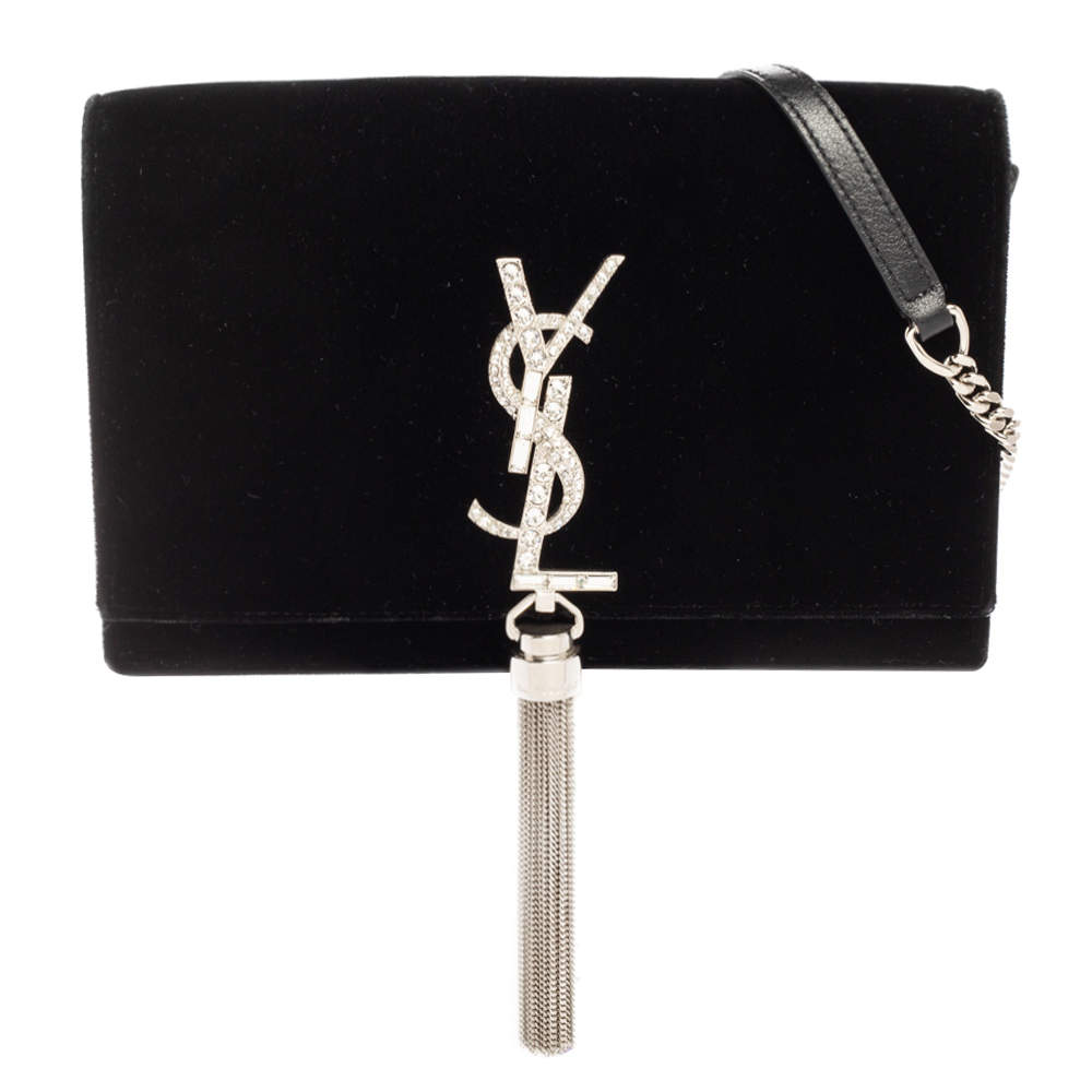Pre Owned Saint Laurent Black Velvet Small Kate Chain Wallet On Chain