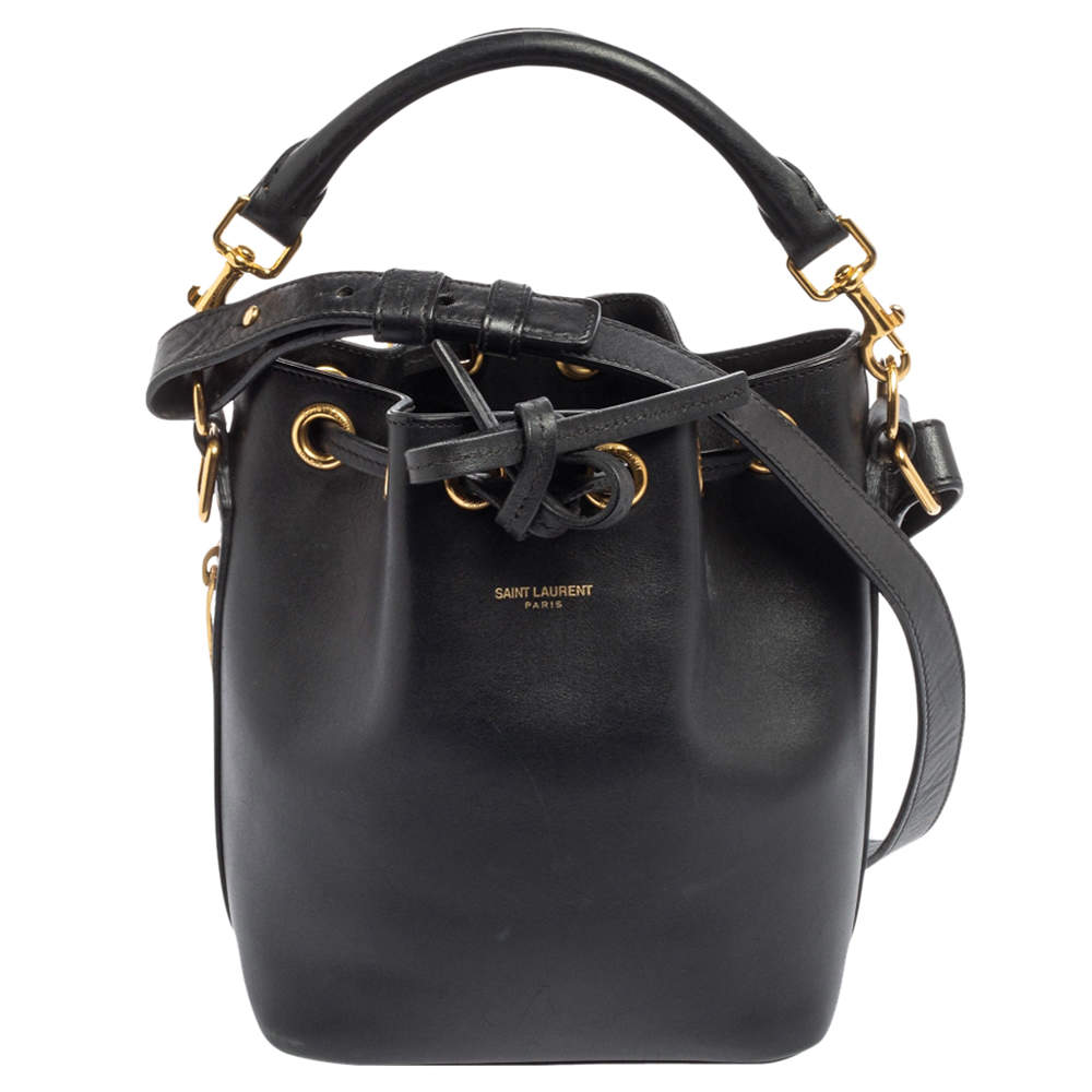Pre Owned Saint Laurent Black Leather Emmanuelle Drawstring Bucket Bag