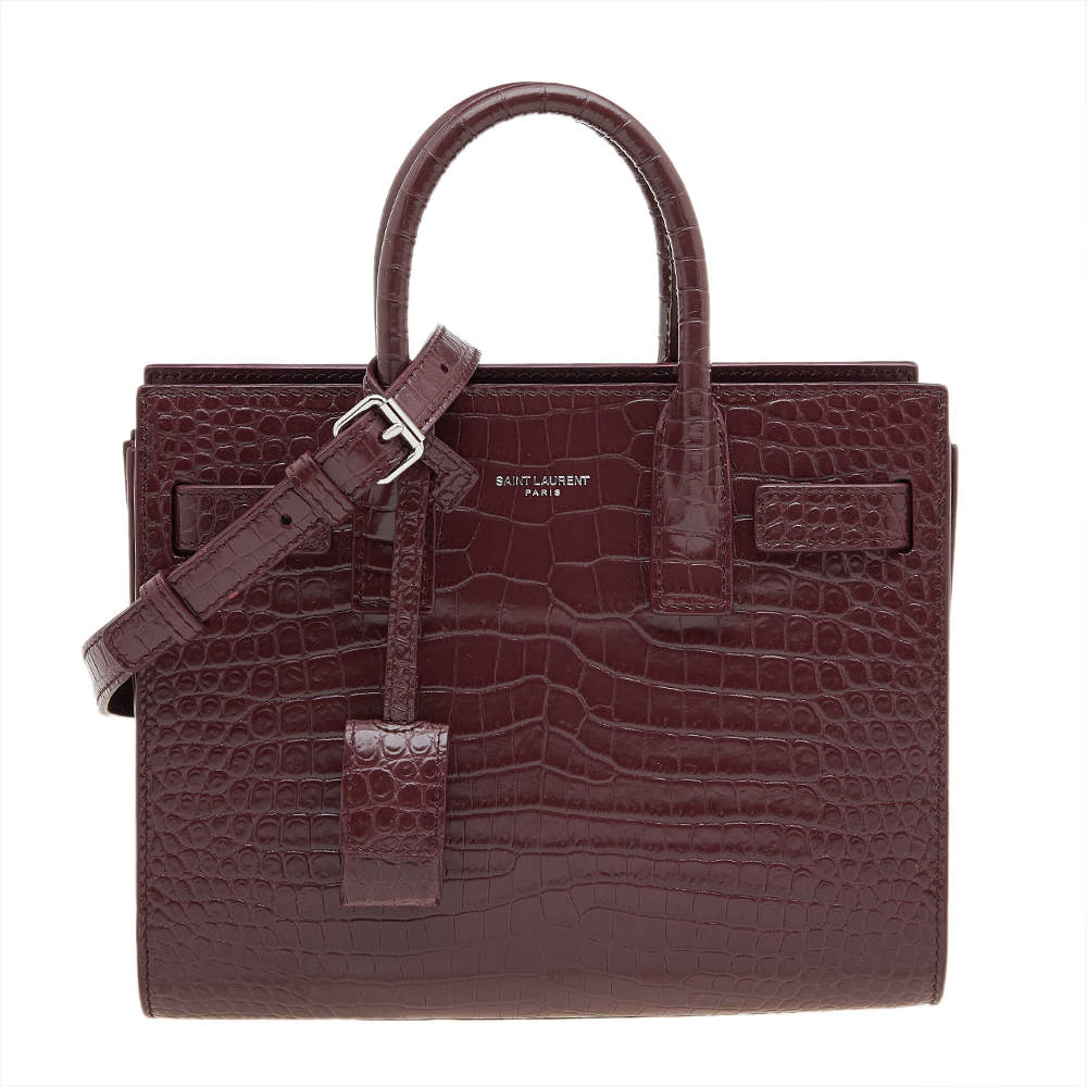 Pre Owned حقيبة يد توتس سان لوران نانو كلاسيك ساك دي جور جلد نقشة التمساح عنابي