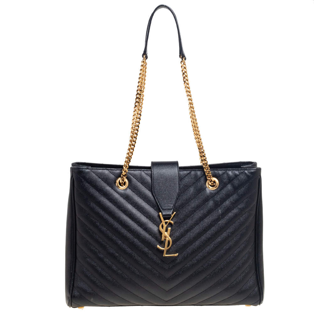 Pre Owned Saint Laurent Black Matelassé Leather Cassandre Shopper Tote
