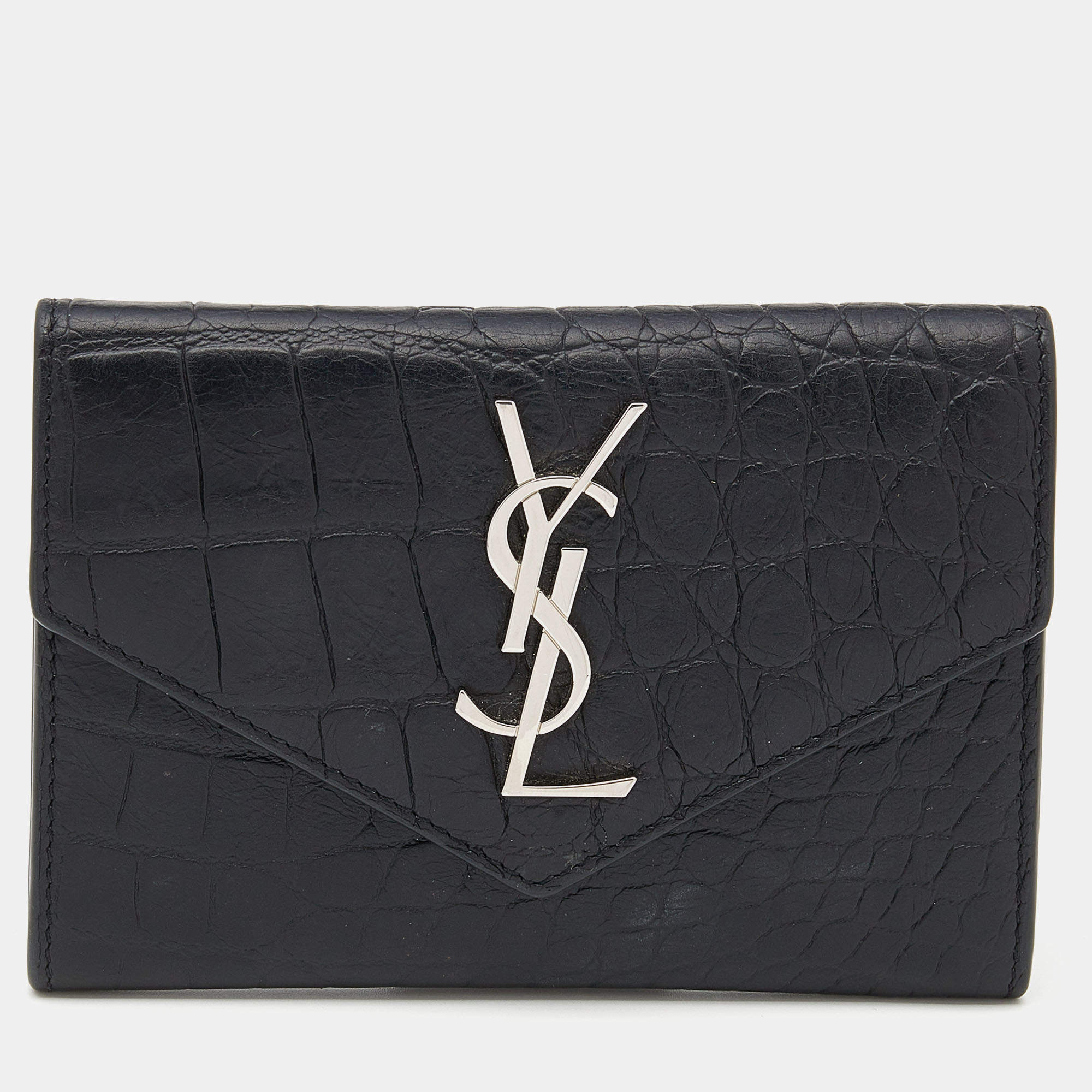 Pre Owned Saint Laurent Black Croc Embossed Leather Monogram Envelope Compact Wallet
