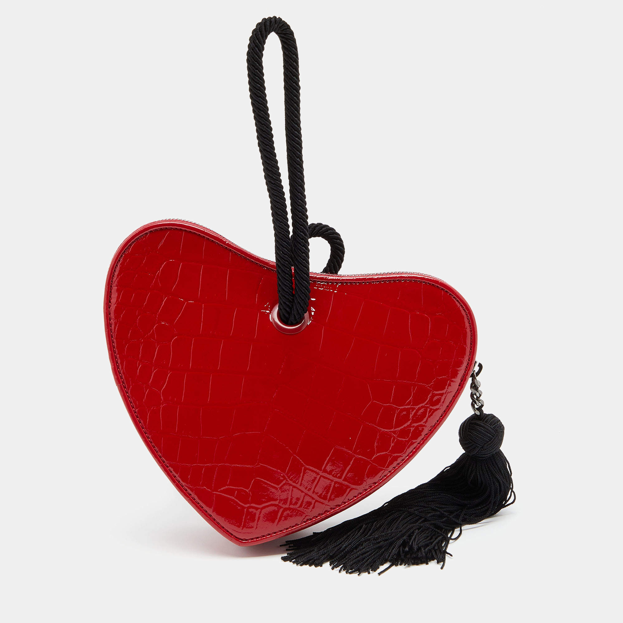 SAINT LAURENT CROC EMBOSSED RED PATENT SAC COEUR HEART CLUTCH BAG -  CRTBLNCHSHP