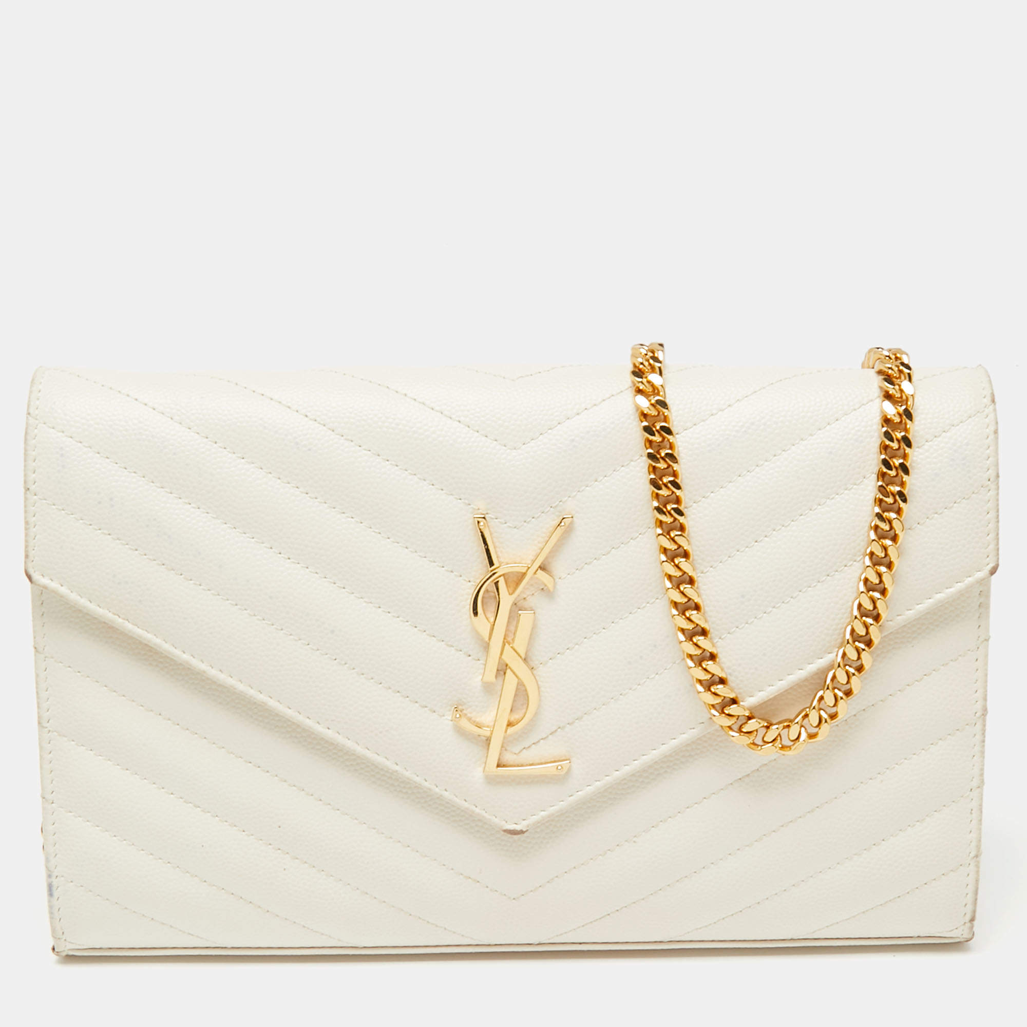Pre Owned Saint Laurent Off White Matelassé Leather Monogram Wallet on Chain
