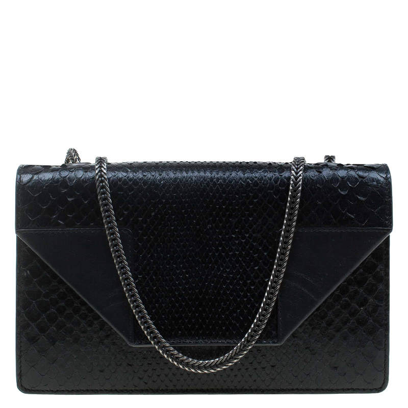 Pre Owned حقيبة كتف سان لوران باريس بيتي جلد ثعبان أسود