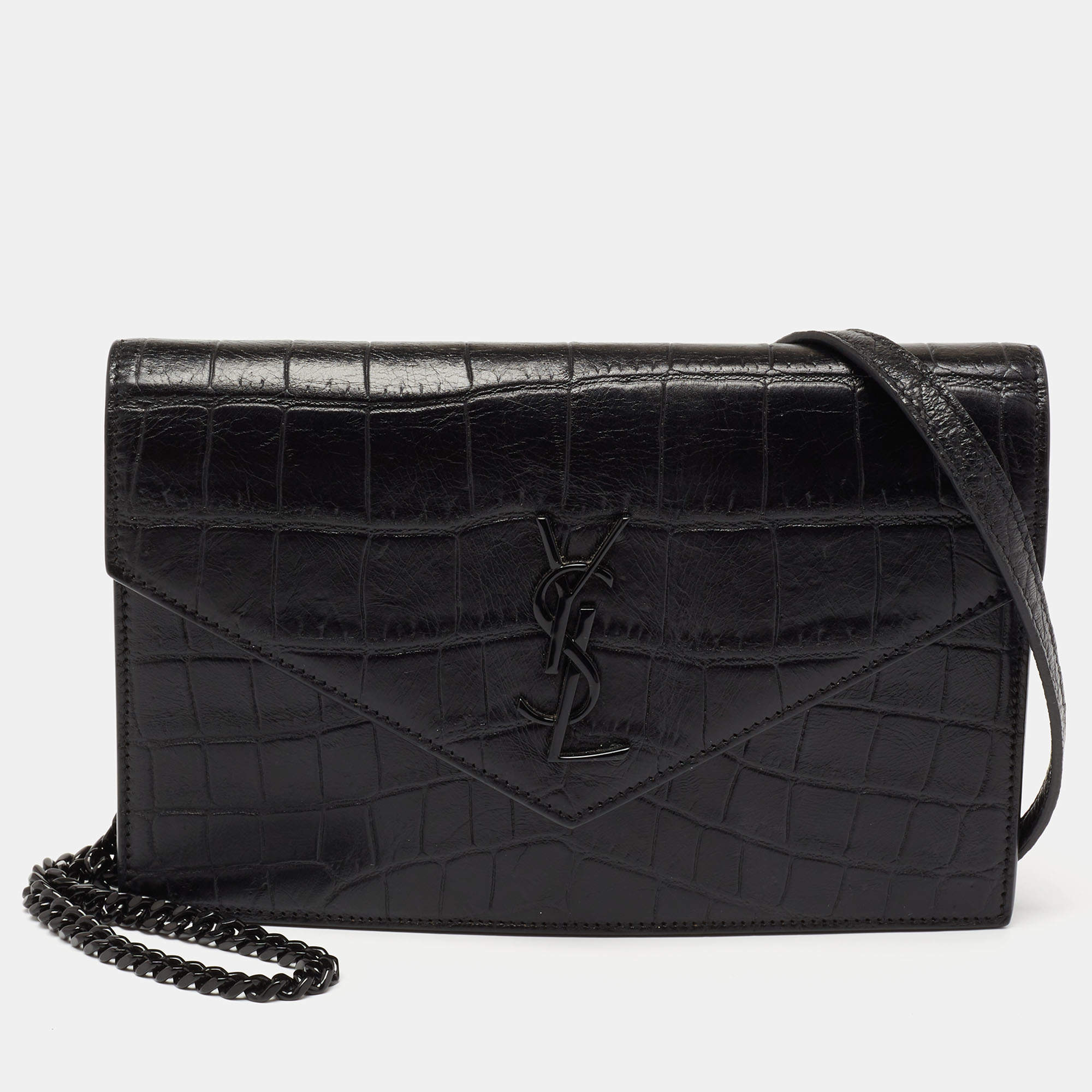 Pre Owned محفظة بسلسلة سان لورانجلد نقشة التمساح أسود مونوغرام نمط الظرف