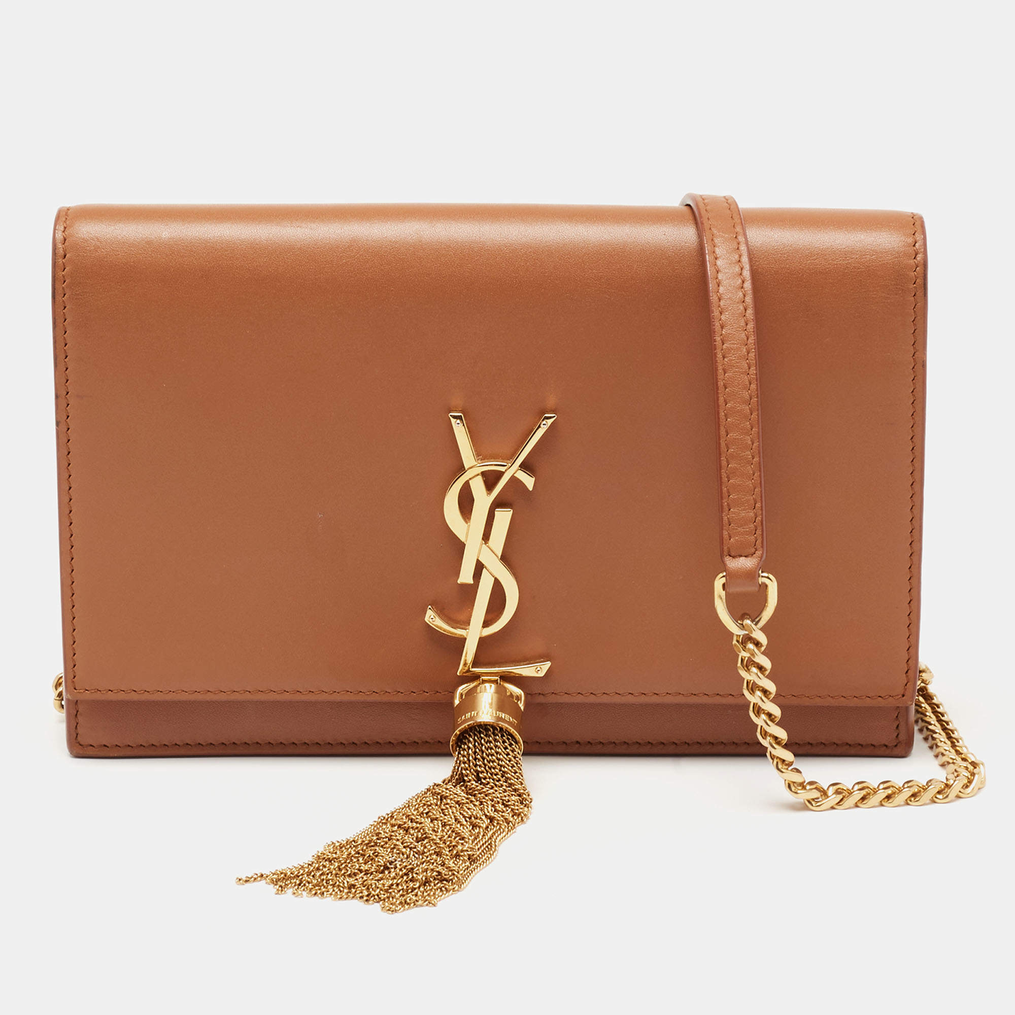 Pre Owned Saint Laurent Tan Leather Kate Tassel Wallet On Chain
