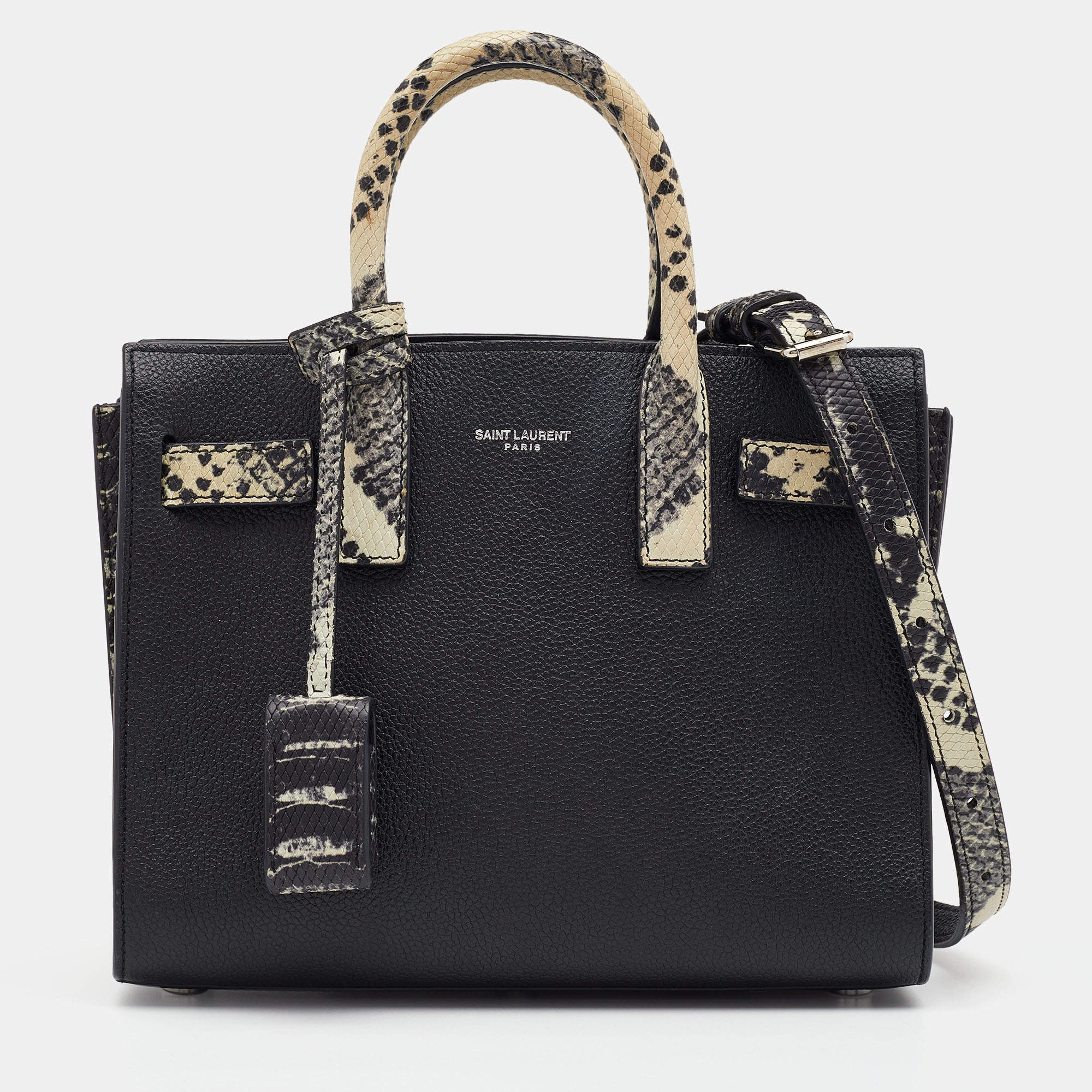 Pre Owned Saint Laurent Black/Beige Python Embossed and Leather Nano Classic Sac De Jour Tote