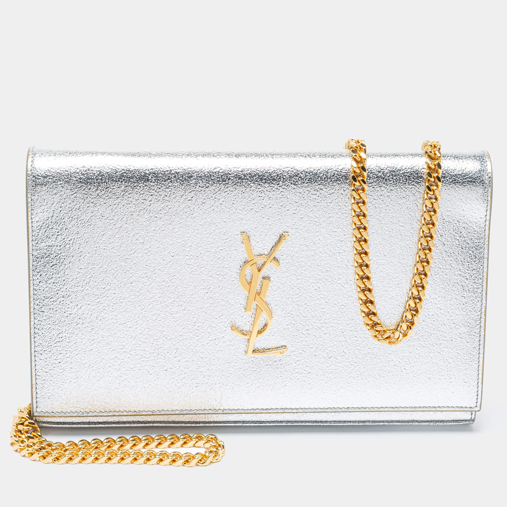 Pre Owned Saint Laurent Metallic Silver Leather Monogram Wallet on Chain