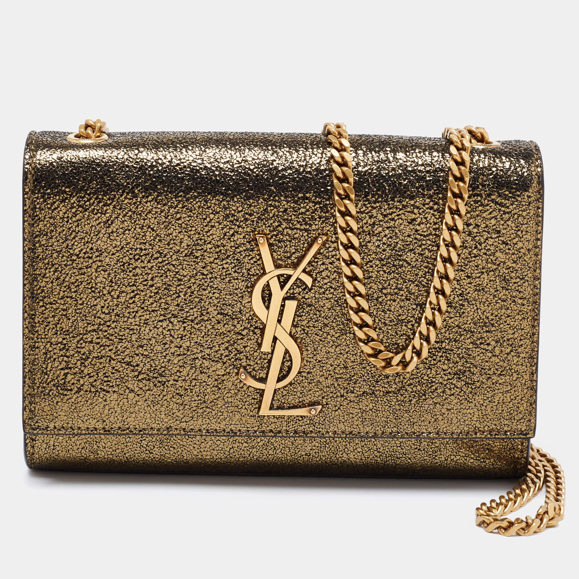 Pre Owned Saint Laurent Gold Laminated Crinkled Leather New Small Kate Wallet on Chain