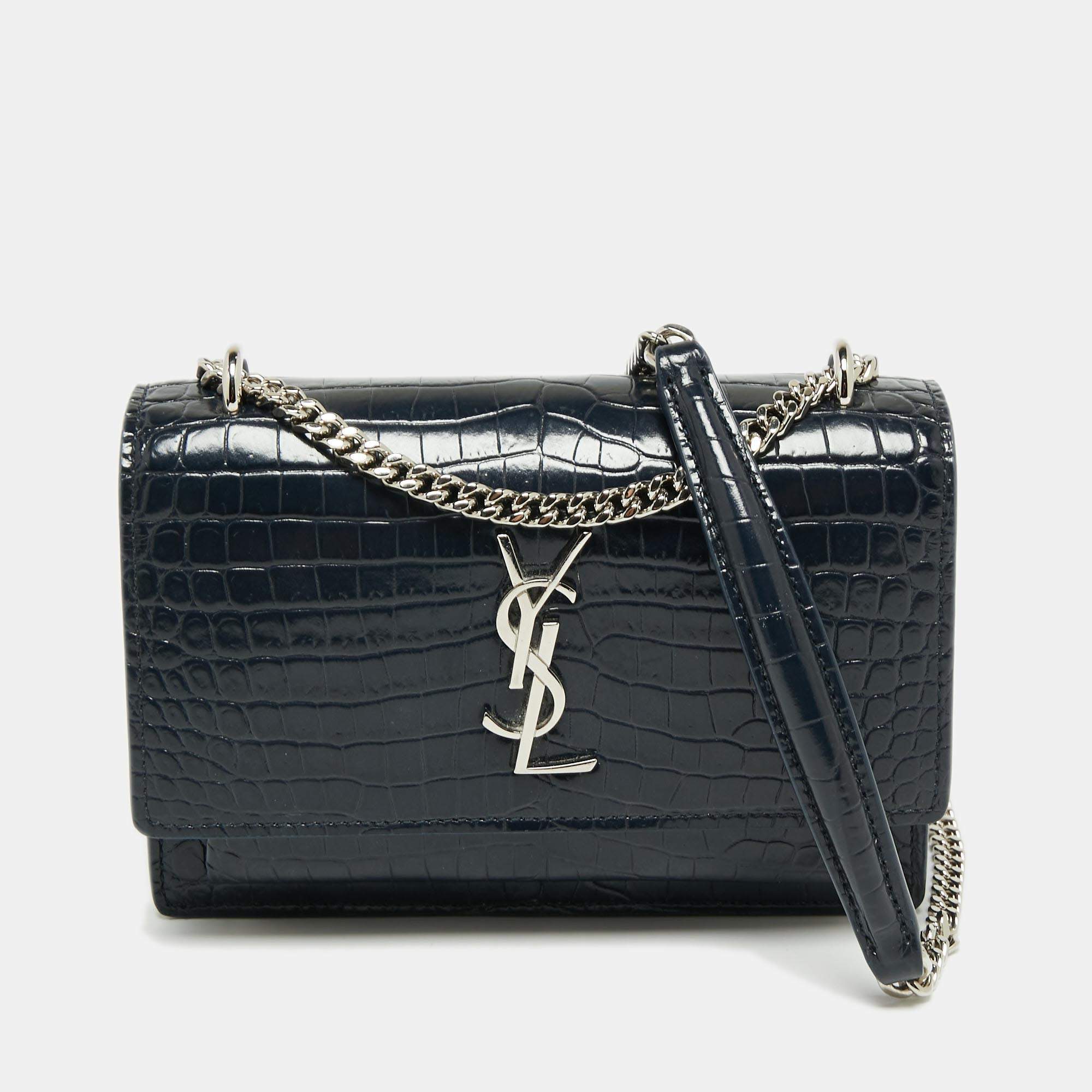 YVES SAINT LAURENT Crocodile Black Leather Silver Chain Clutch