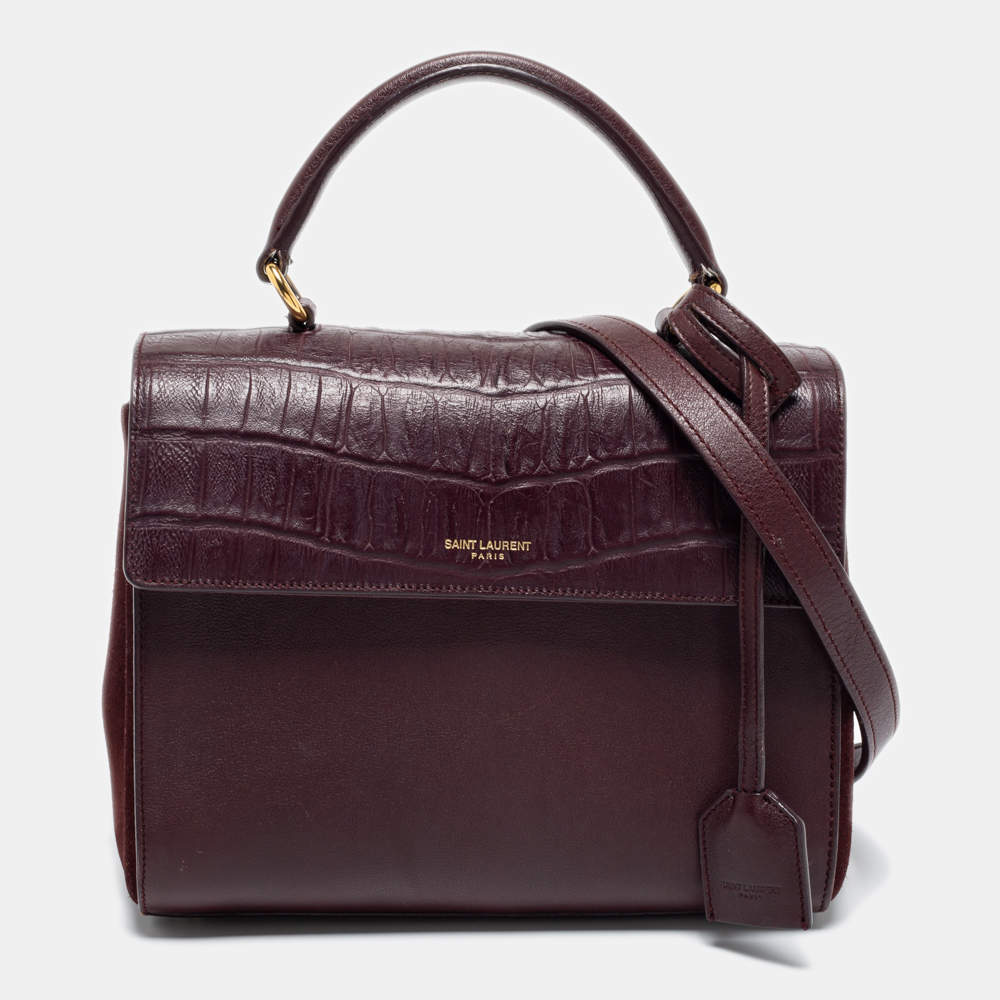 Pre Owned Saint Laurent Burgundy Croc Embossed Leather Moujik Top Handle Bag