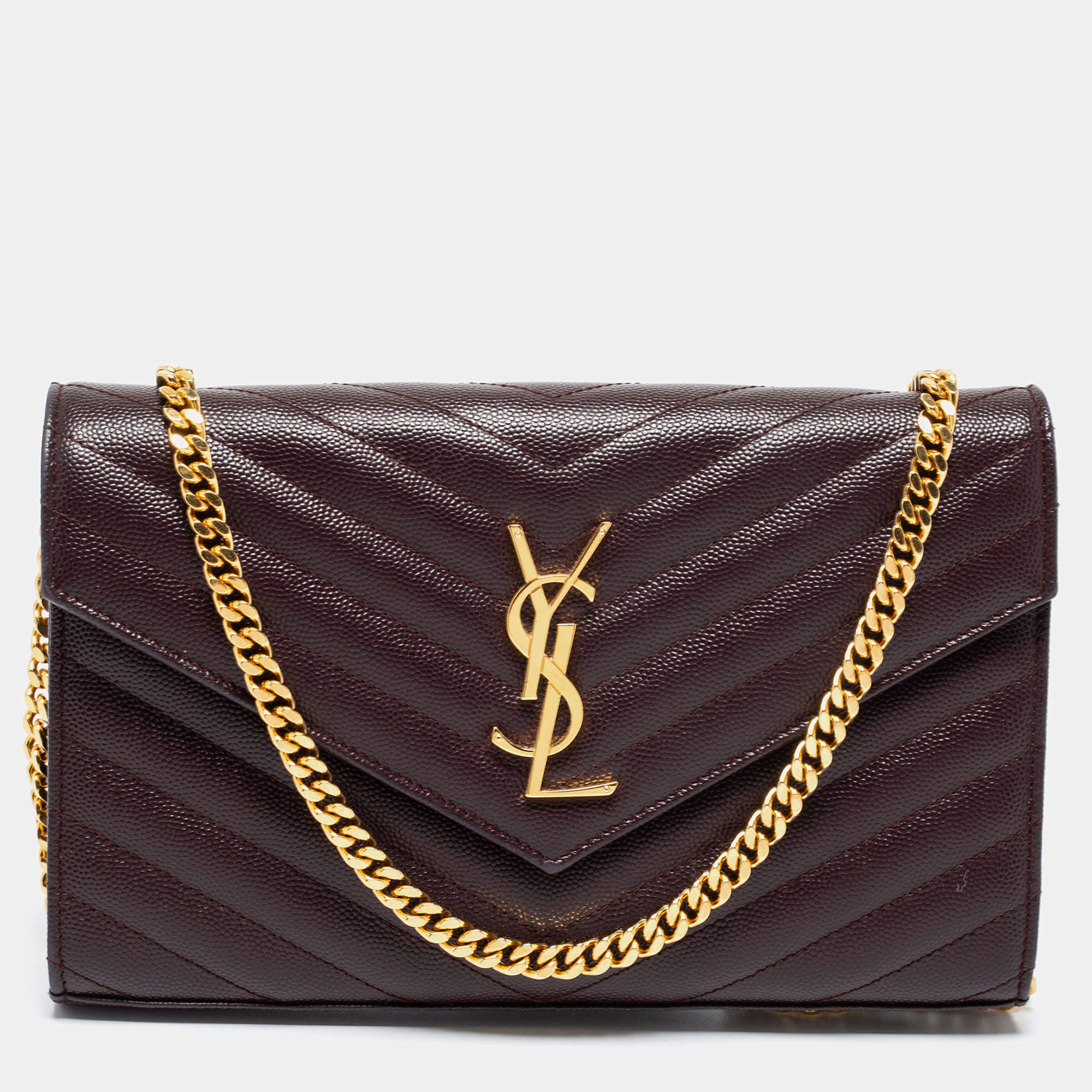 Pre Owned  محفظة سان لوران باريس بسلسلة أنفيلوب جلد مونوغرامي بيج