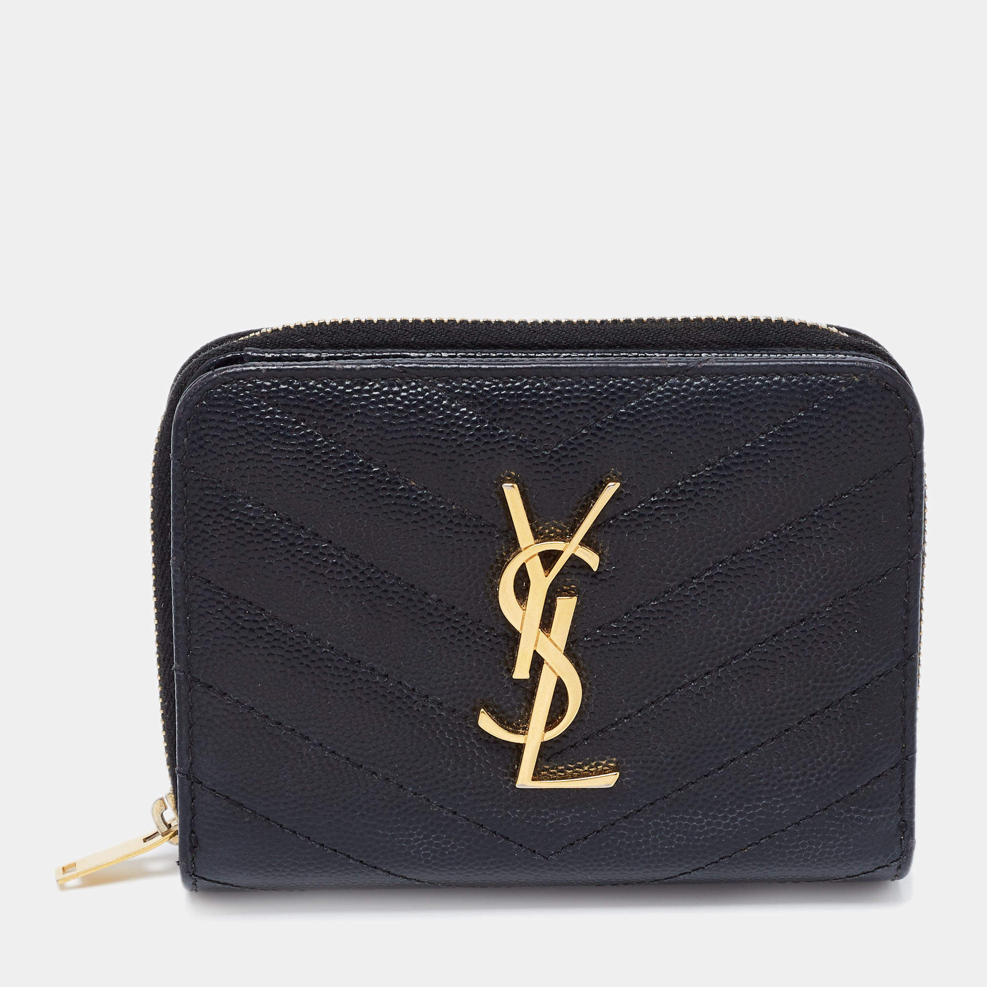 Pre Owned Saint Laurent Black Matelassé Leather Monogram Compact Wallet
