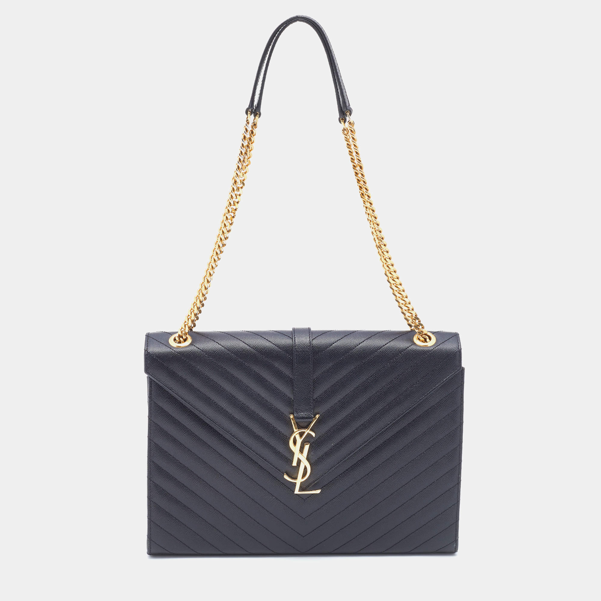 مملوكة مسبقًا Saint Laurent Black Matelassé Leather Large Monogram Envelope Shoulder Bag