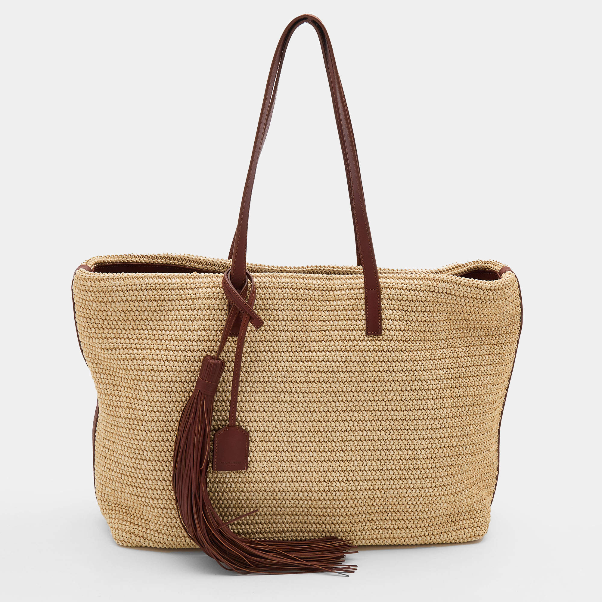 Pre Owned Saint Laurent Beige/Brown Woven Raffia And Leather Tassel Tote