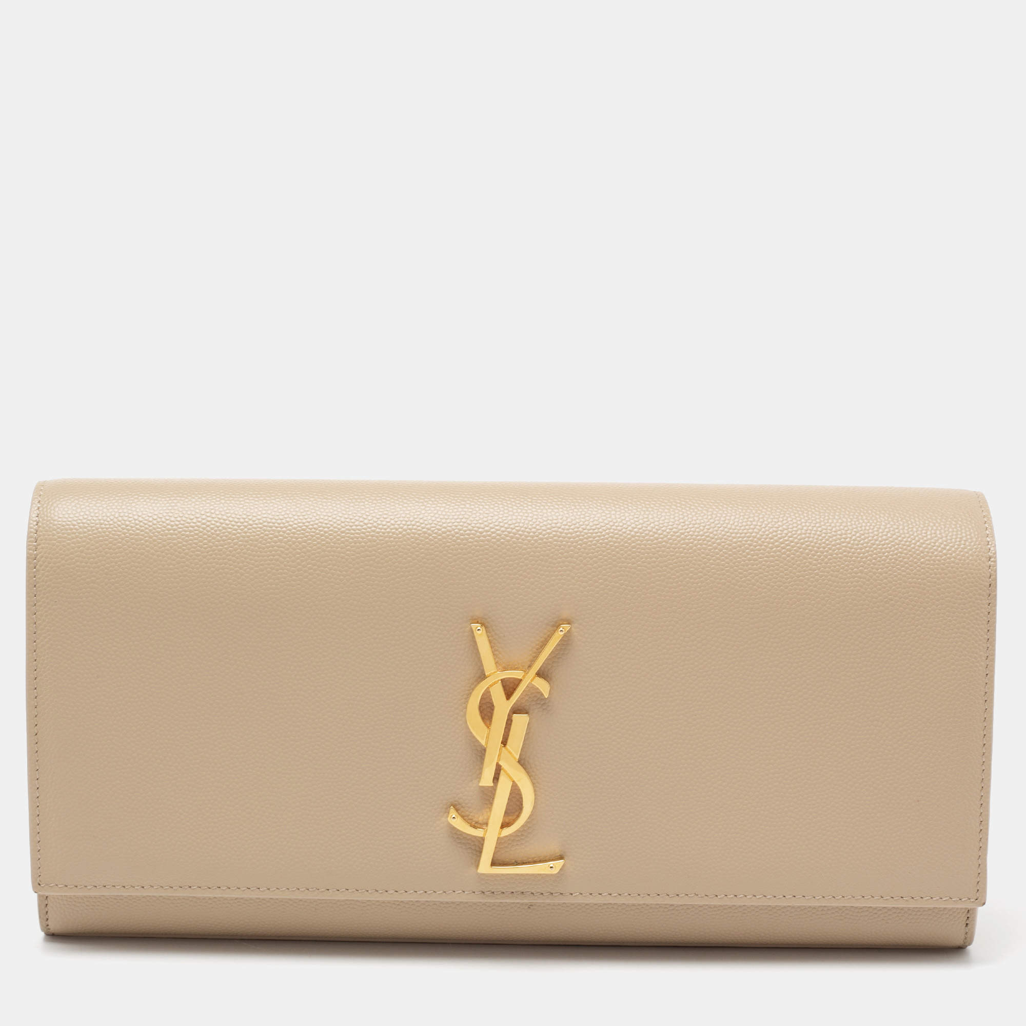 Pre Owned Saint Laurent Beige Leather Kate Monogram Clutch