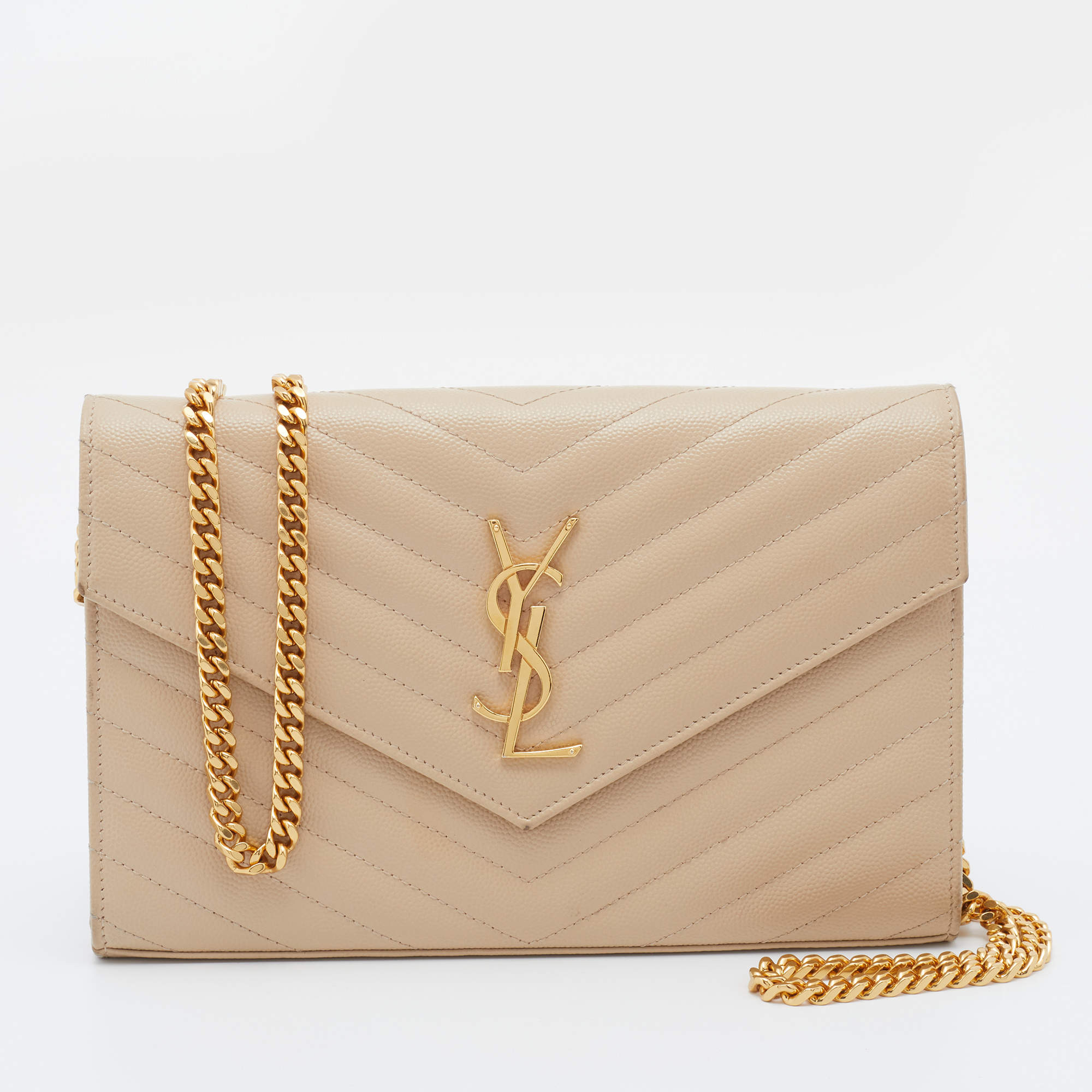 Pre Owned محفظة بسلسلة سان لوران مظروف مونوغرامي جلد بيج