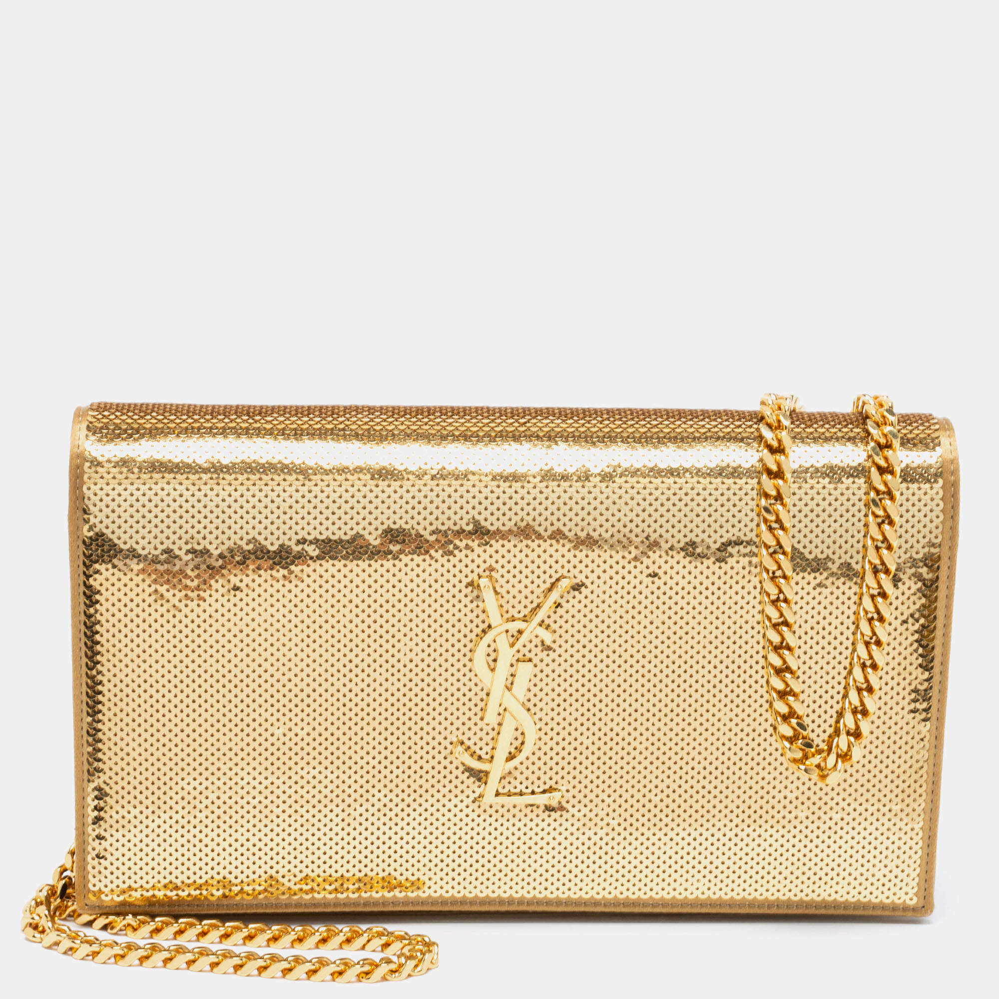 Pre Owned محفظة بسلسلة سان لوران ساتان وترتر ذهبي مونوغرامية