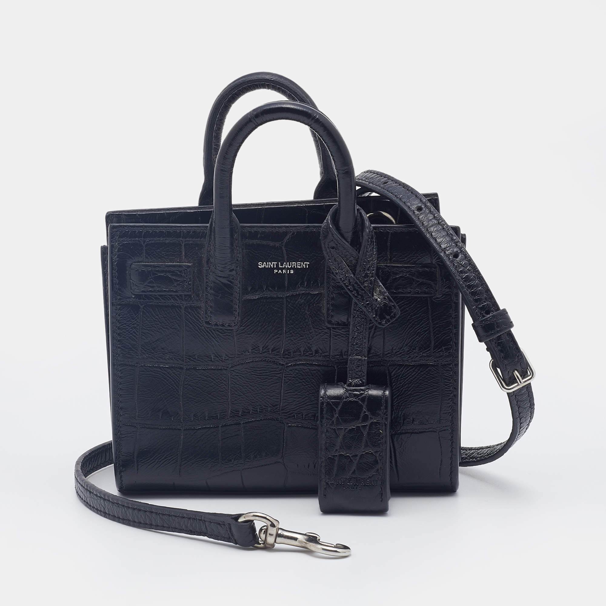 مملوكة مسبقًا Saint Laurent Black Croc Embossed Leather Toy Sac De Jour Tote