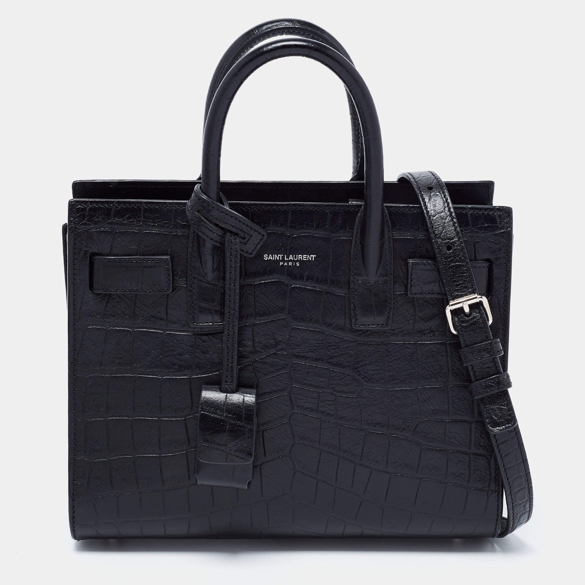 مملوكة مسبقًا Saint Laurent Black Croc Embossed Leather Nano Classic Sac De Jour Tote