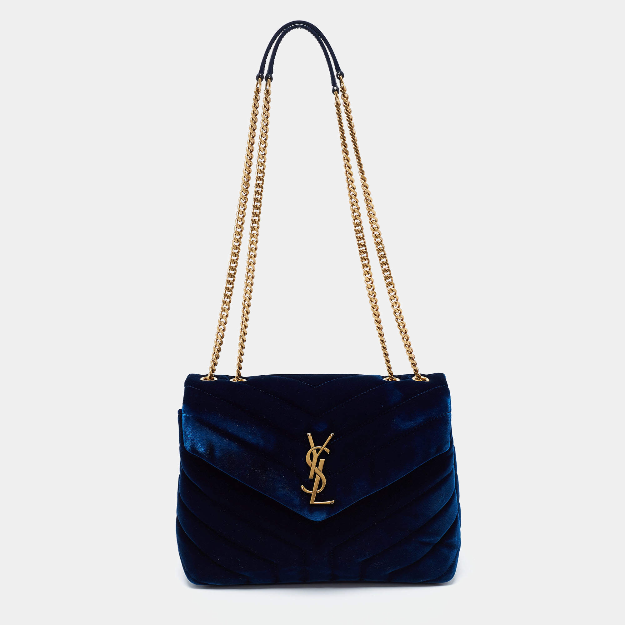 Saint Laurent Blue Velvet and Leather Small Loulou Shoulder Bag Saint