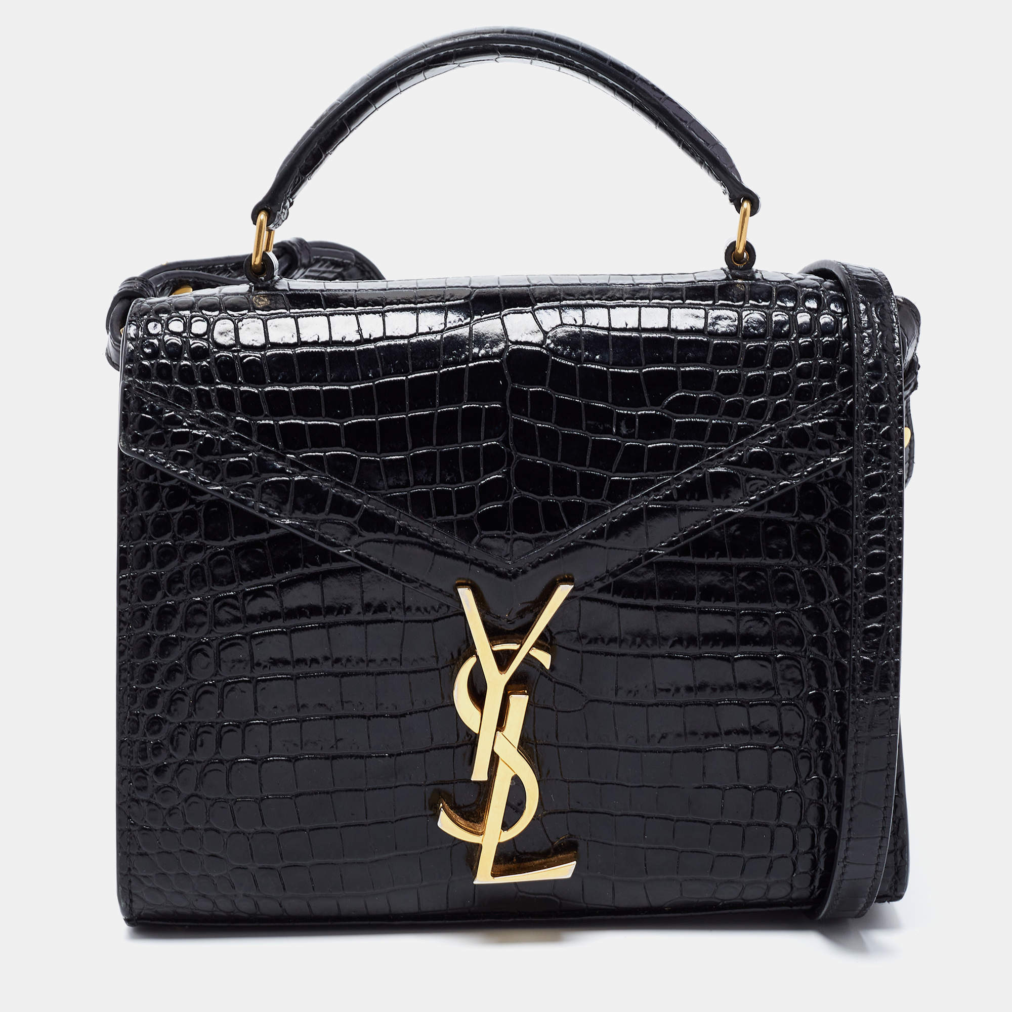 Pre Owned Saint Laurent Black Croc Embossed Leather Mini Cassandre Top Handle Bag