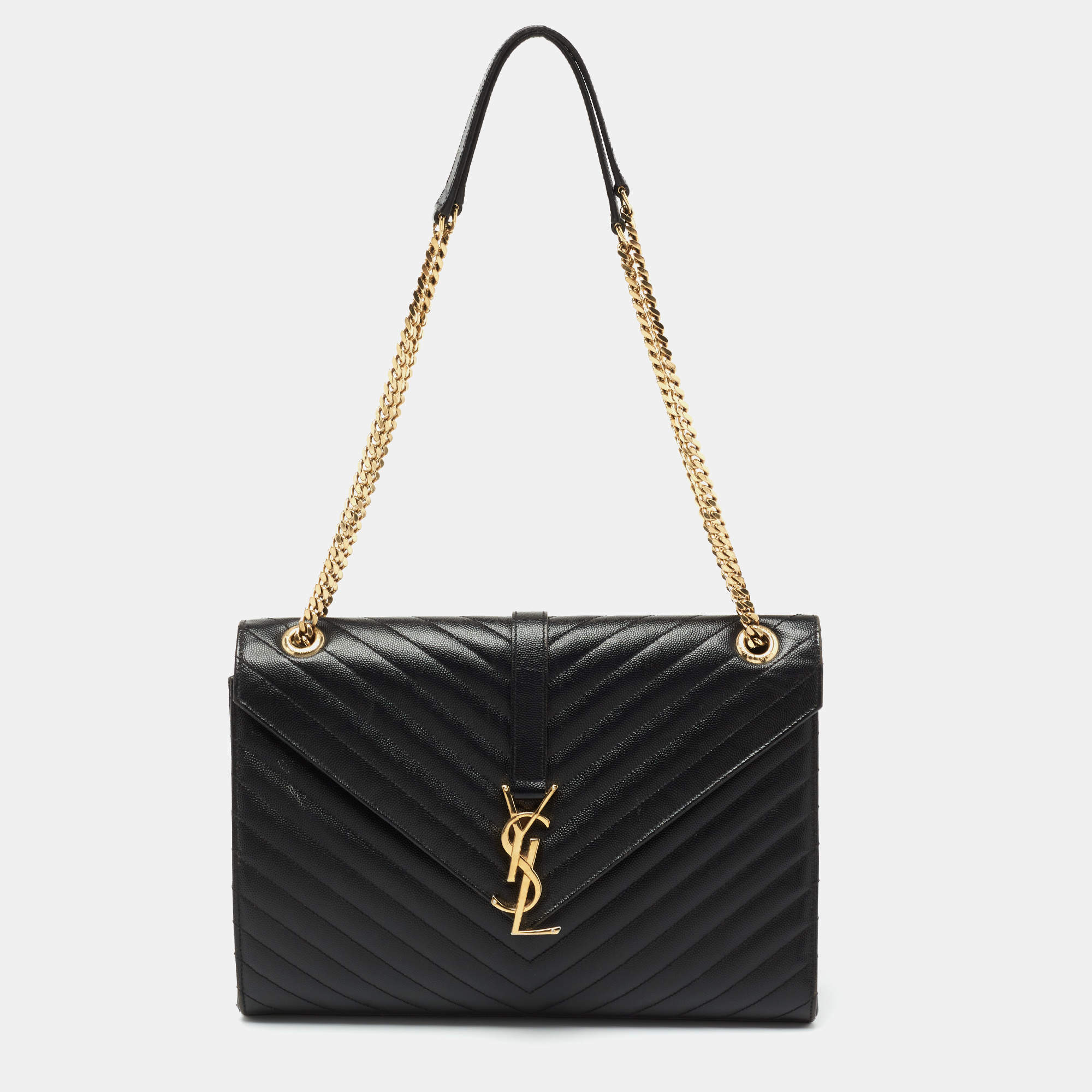 Pre Owned Saint Laurent Black Matelasse Leather Large Monogram Envelope Shoulder Bag