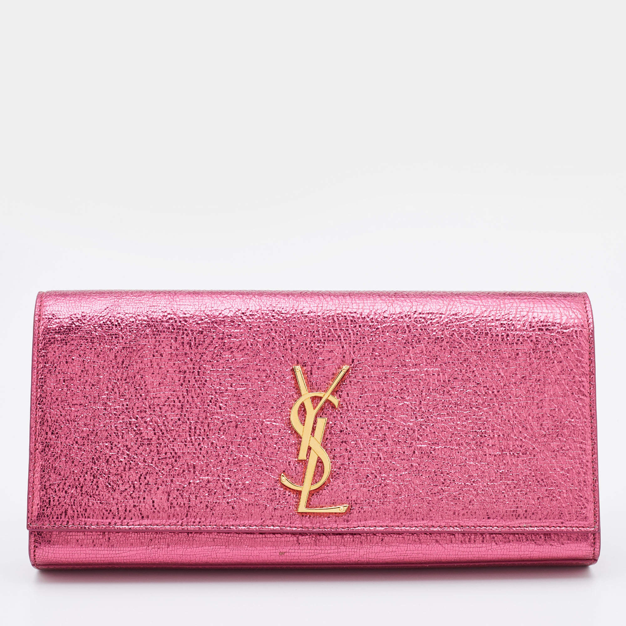 Pre Owned Saint Laurent Metallic Pink Texture Leather Kate Flap Clutch