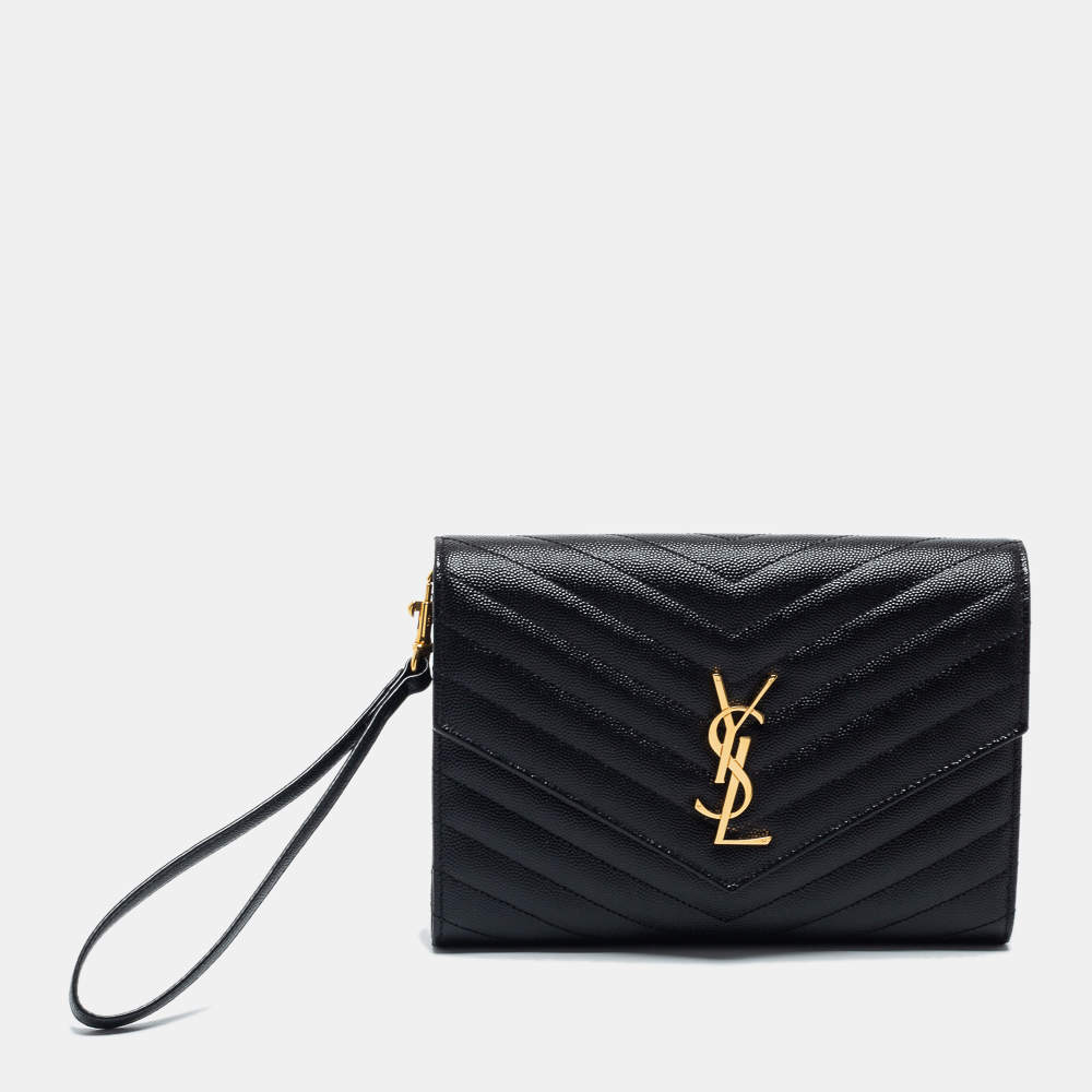 مملوكة مسبقًا Saint Laurent Black Matelassé Leather Cassandre Wristlet Pouch