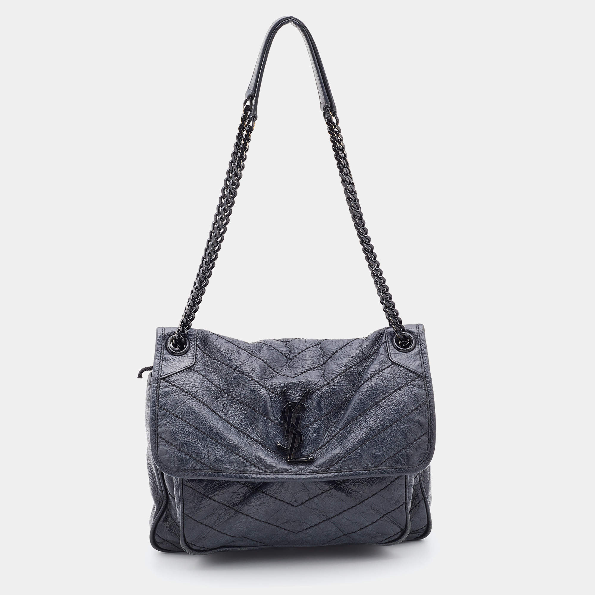 Pre Owned Saint Laurent Black Crinkled Leather Medium Niki Shoulder Bag