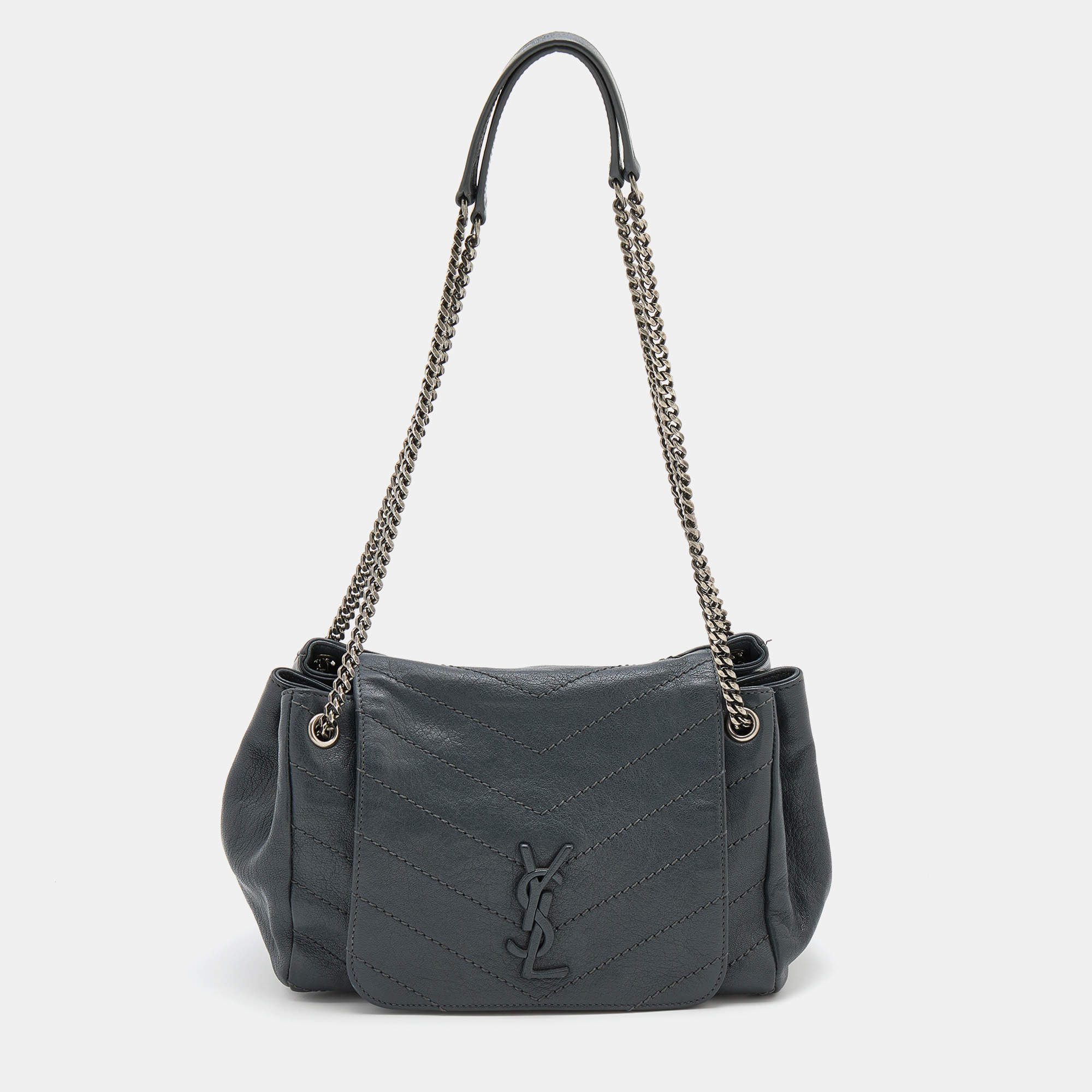 Pre Owned Saint Laurent Dark Grey Crinkled Leather Niki Shoulder Bag