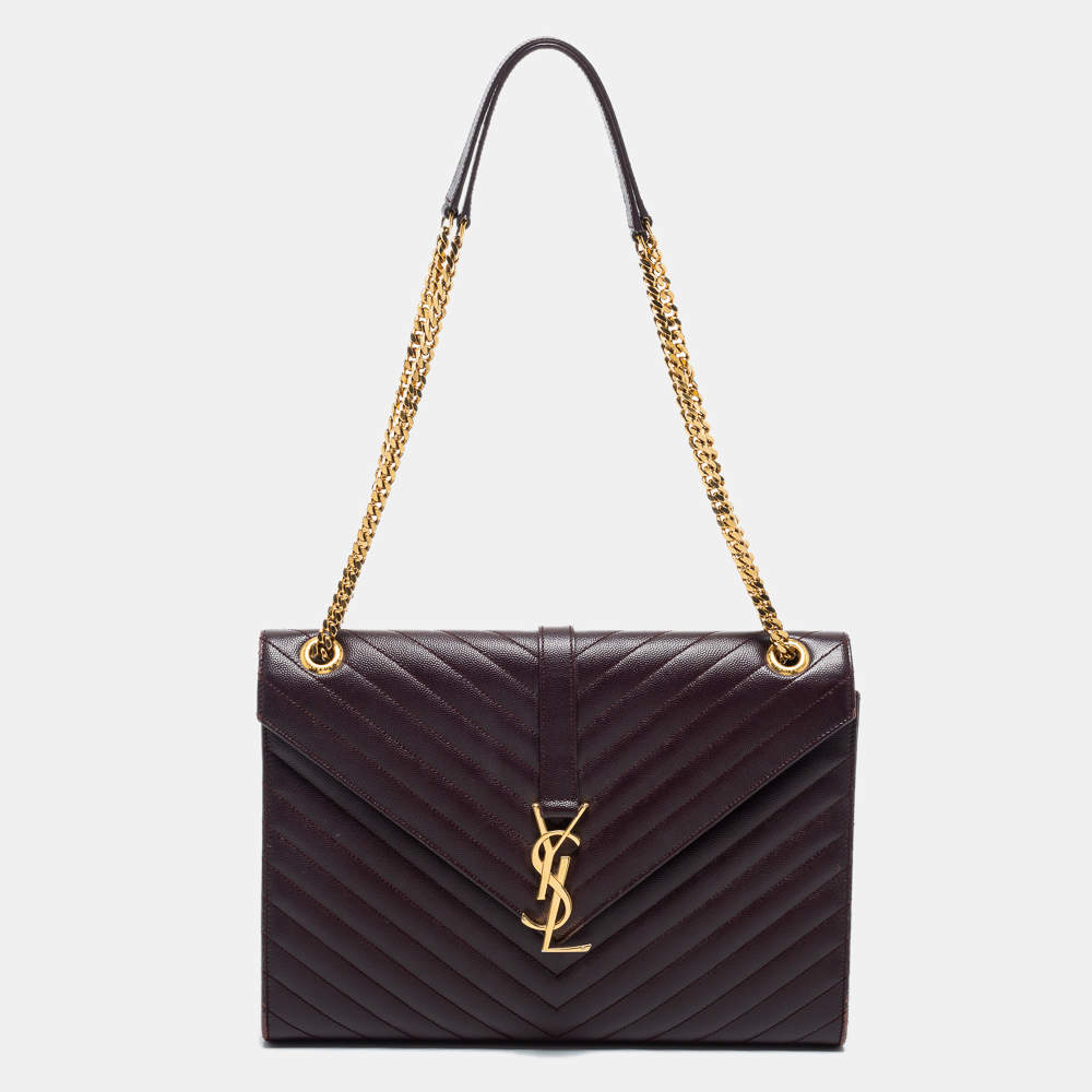 Pre Owned Saint Laurent Burgundy Matelassé Leather Large Monogram Envelope Shoulder Bag