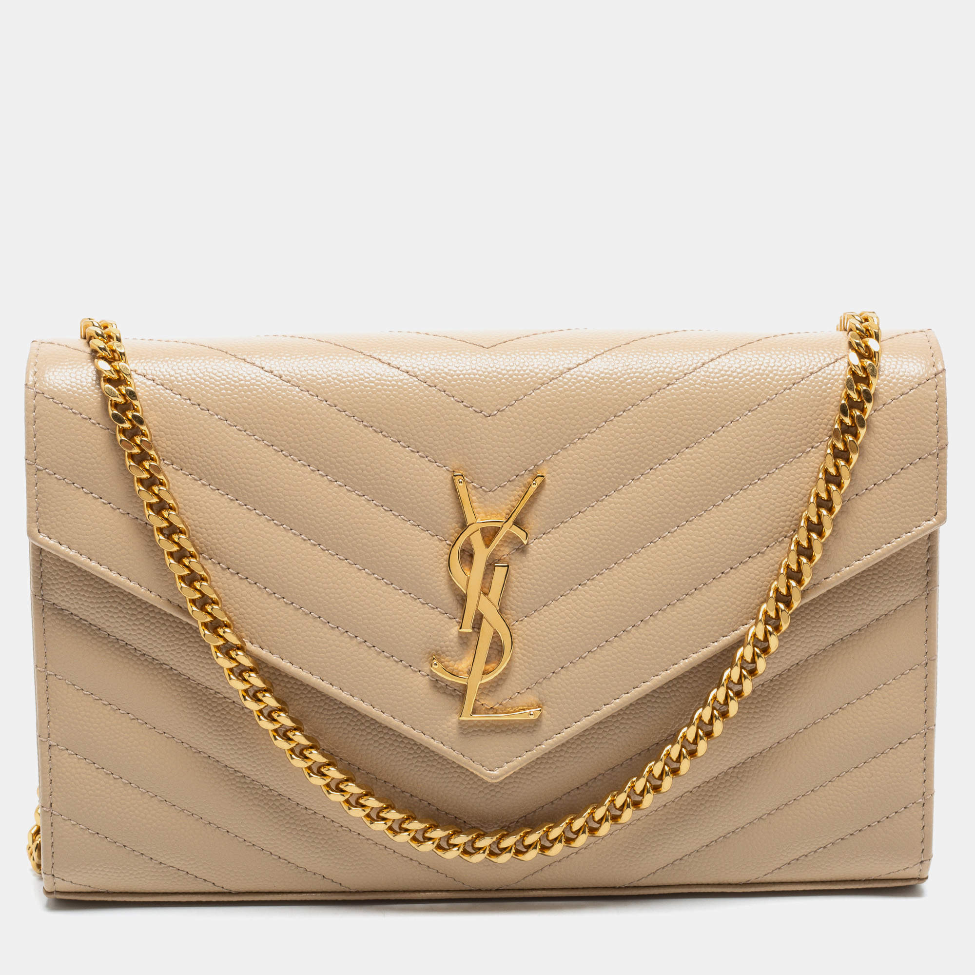 Pre Owned  محفظة سان لوران باريس بسلسلة أنفيلوب جلد مونوغرامي بيج