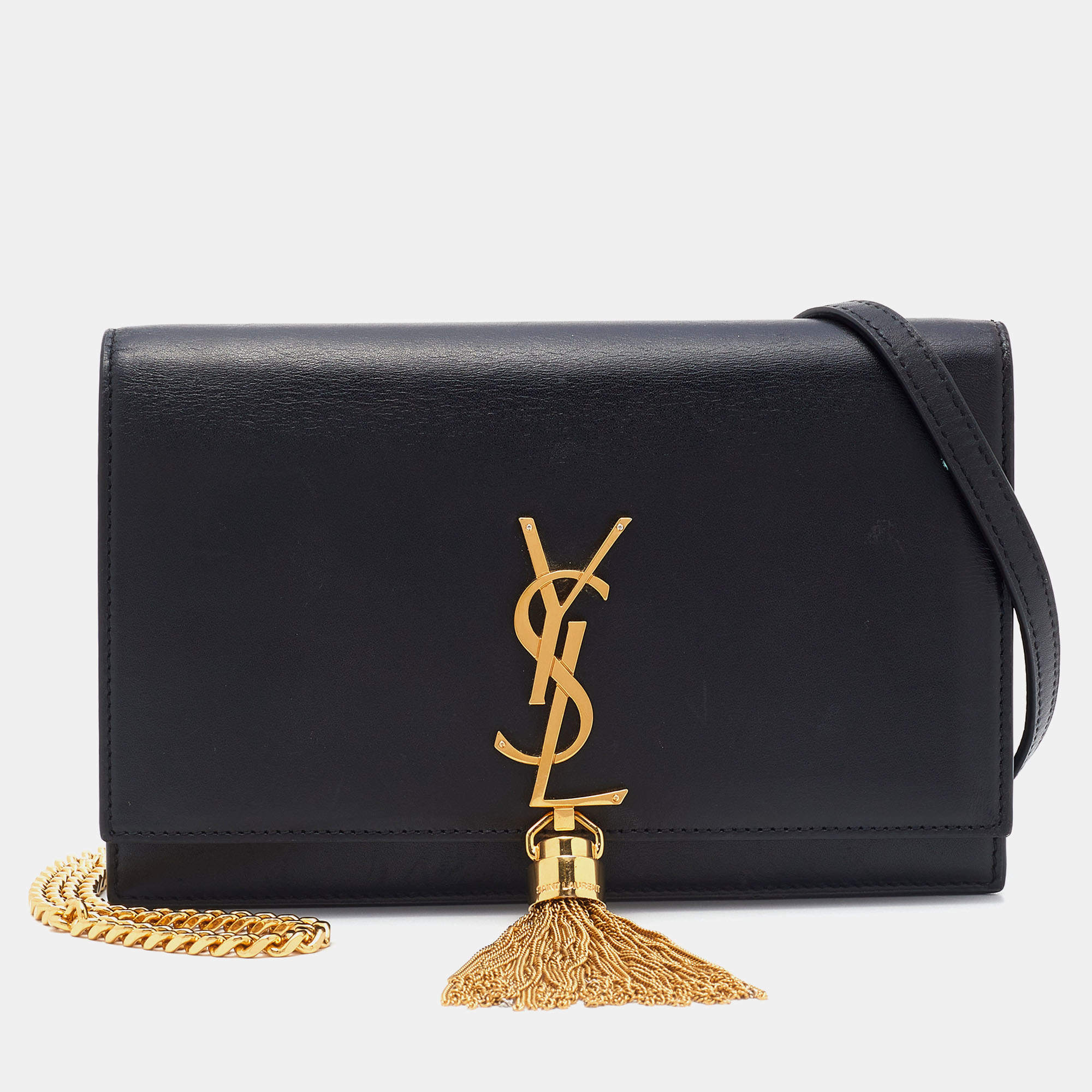 مملوكة مسبقًا Saint Laurent Black Leather Kate Wallet on Chain