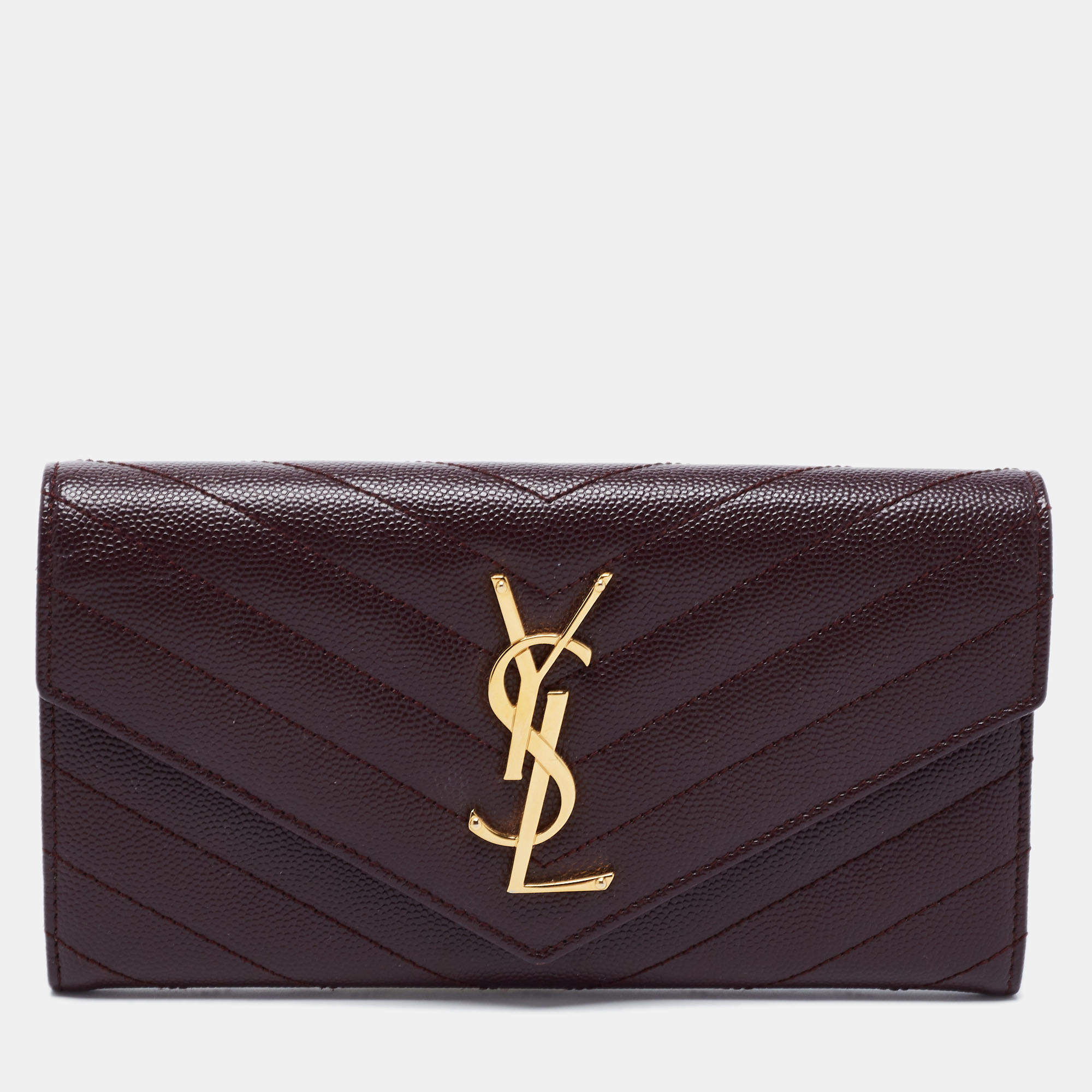 Pre Owned Saint Laurent Burgundy Matelassé Leather Monogram Flap Continental Wallet