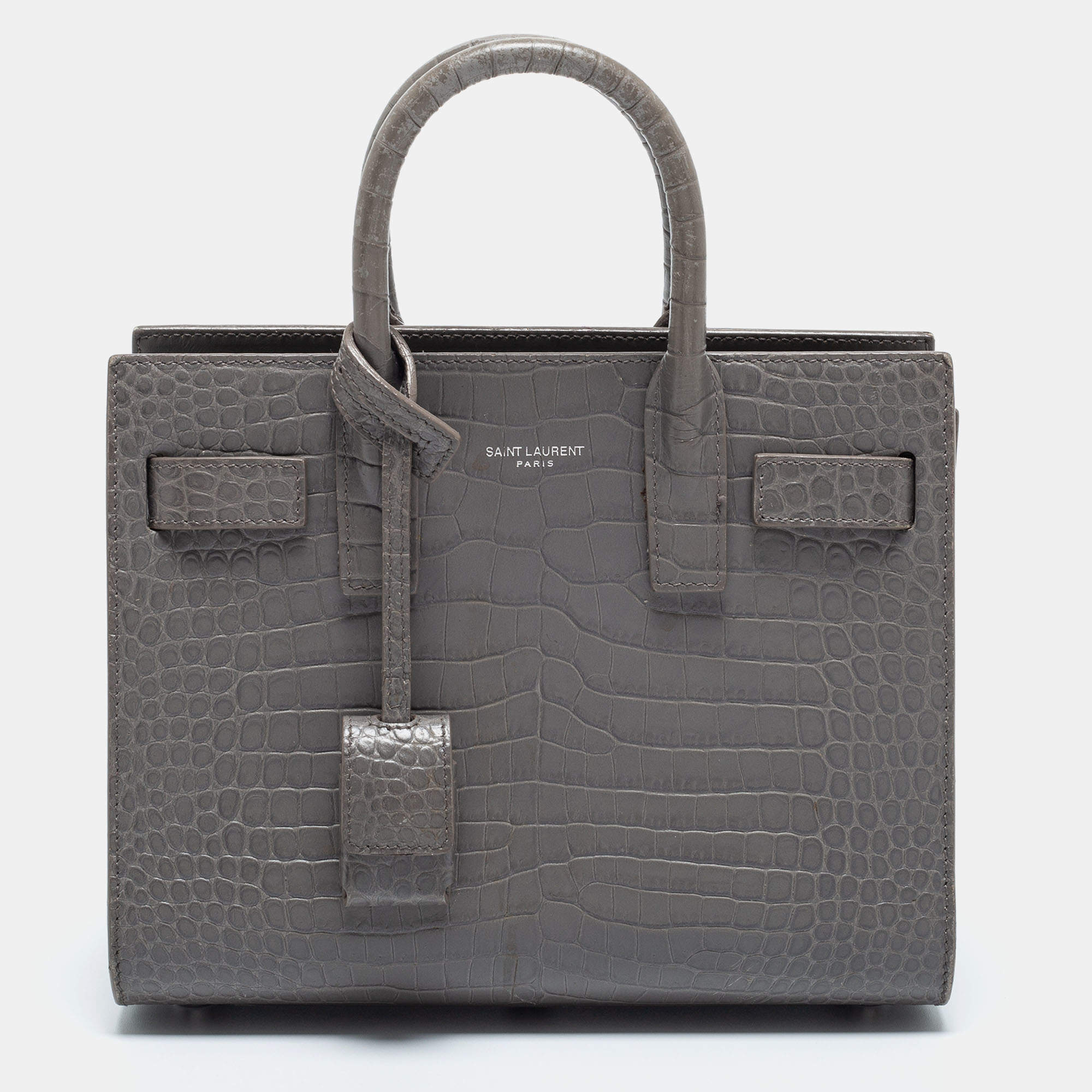Pre Owned Saint Laurent Grey Croc Embossed Leather Nano Classic Sac De Jour Tote