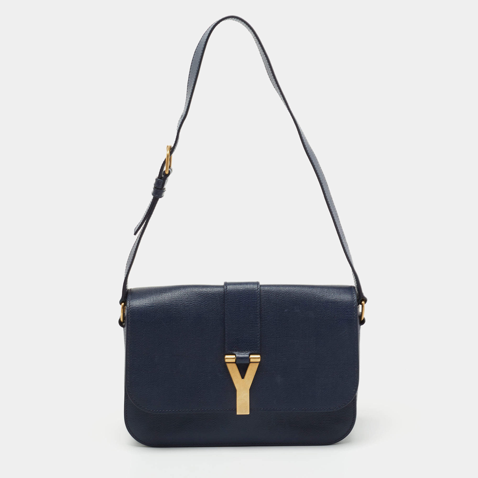 Saint Laurent Navy Blue Textured Leather Large Chyc Shoulder Bag