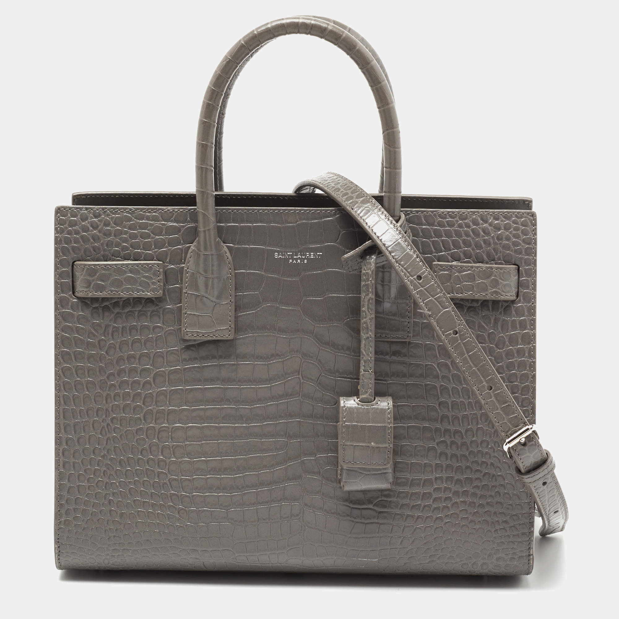 Pre Owned Saint Laurent Grey Croc Embossed Leather Baby Classic Sac De Jour Tote