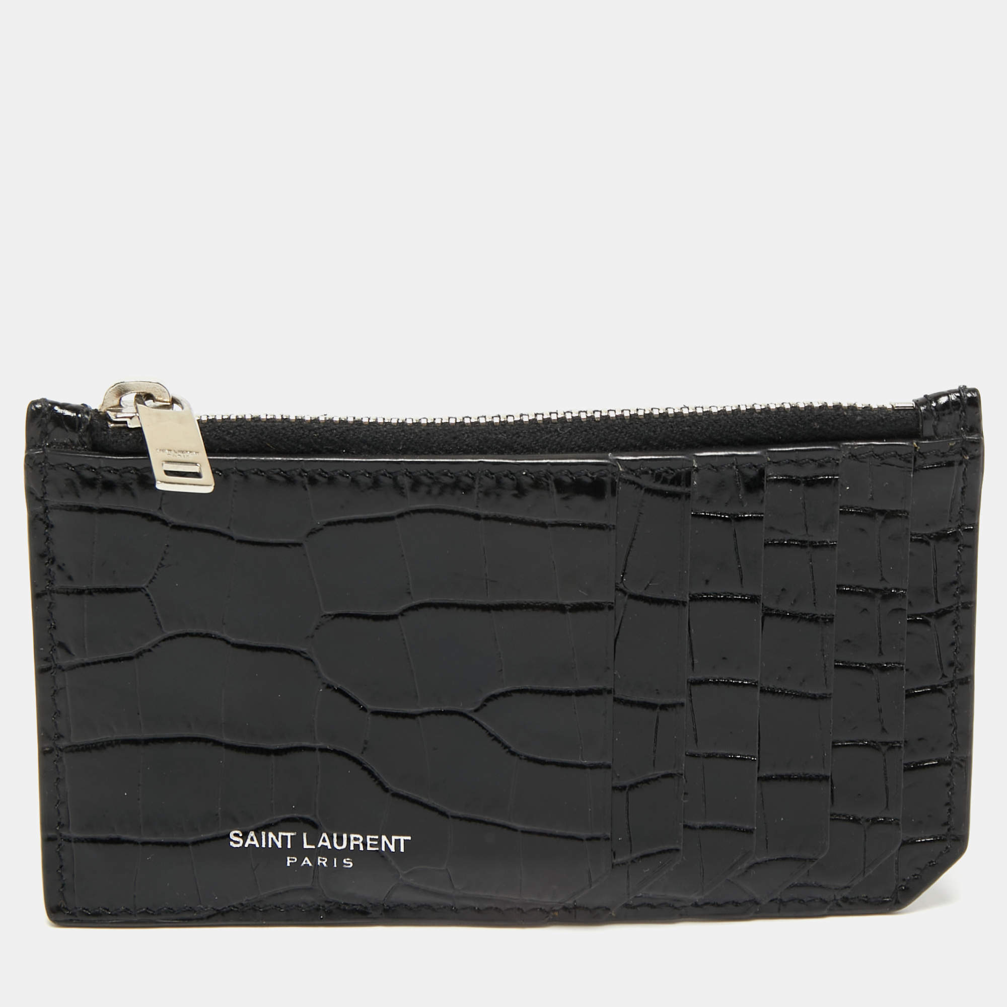 Pre Owned Saint Laurent Black Croc Embossed Leather Fragment Zip Card Holder