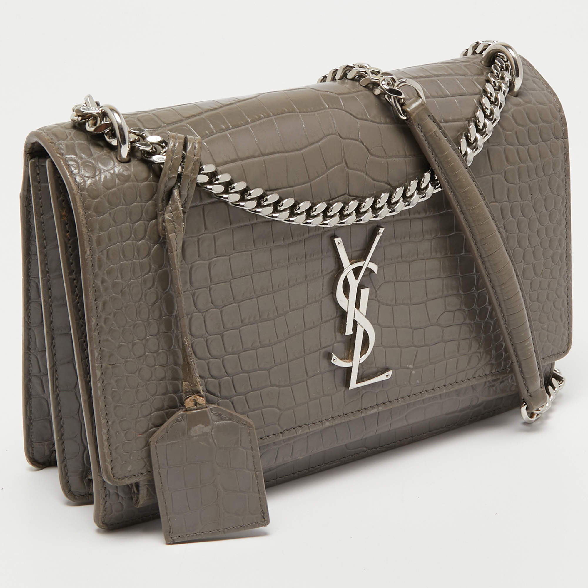 Saint Laurent Grey Croc Embossed Leather Mini Sunset Chain Bag, myGemma, FR