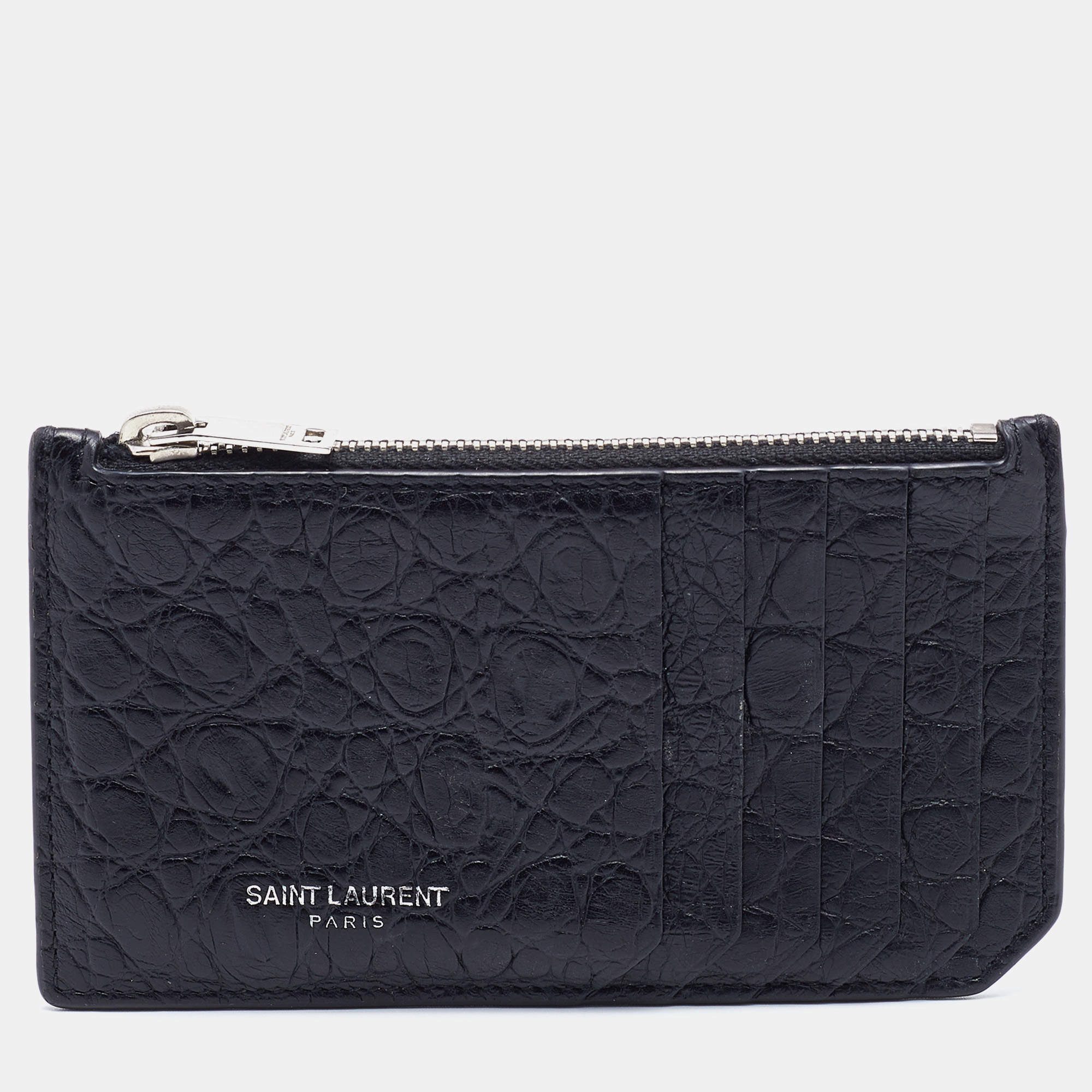 Saint Laurent Black Croc Embossed Leather Zip Card Case