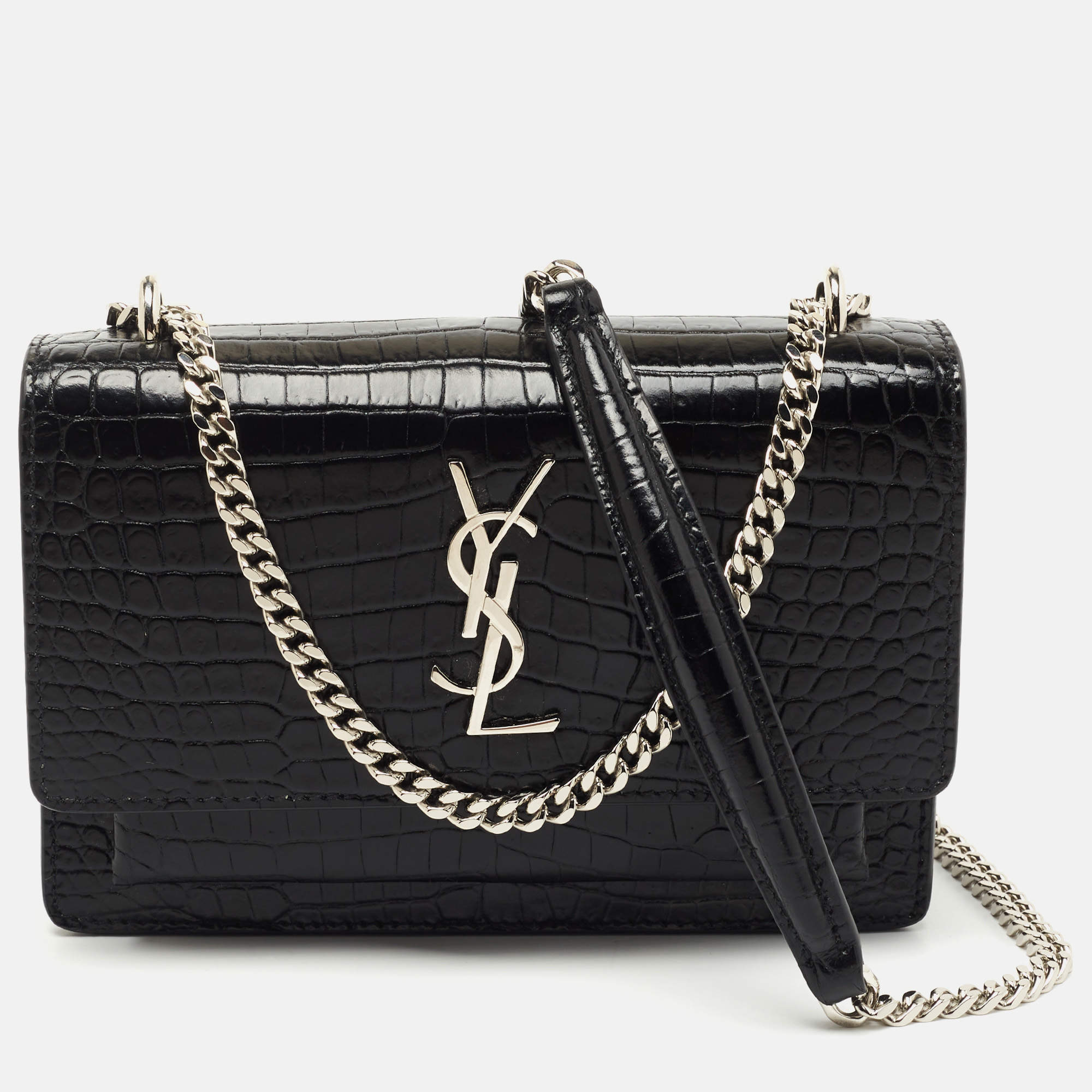 Saint Laurent Black Croc Embossed Leather Sunset Wallet On Chain